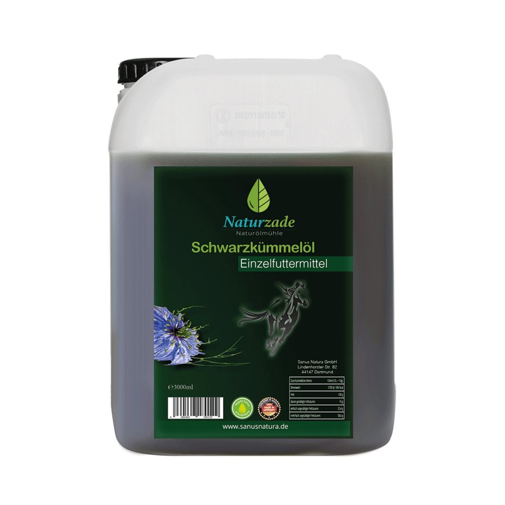 Naturzade Schwarzkümmelöl für Pferde & Hunde, 3 Liter Kanister, kaltgepresst mühlenfrisch direkt vom Hersteller