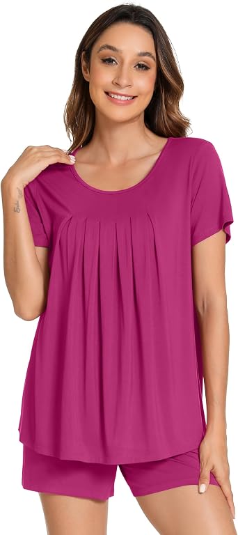 WiWi Pajamas for Women Short Sleeve Top with Shorts Viscose from Bamboo Pajama Set Cooling Sleepwear S-XXL