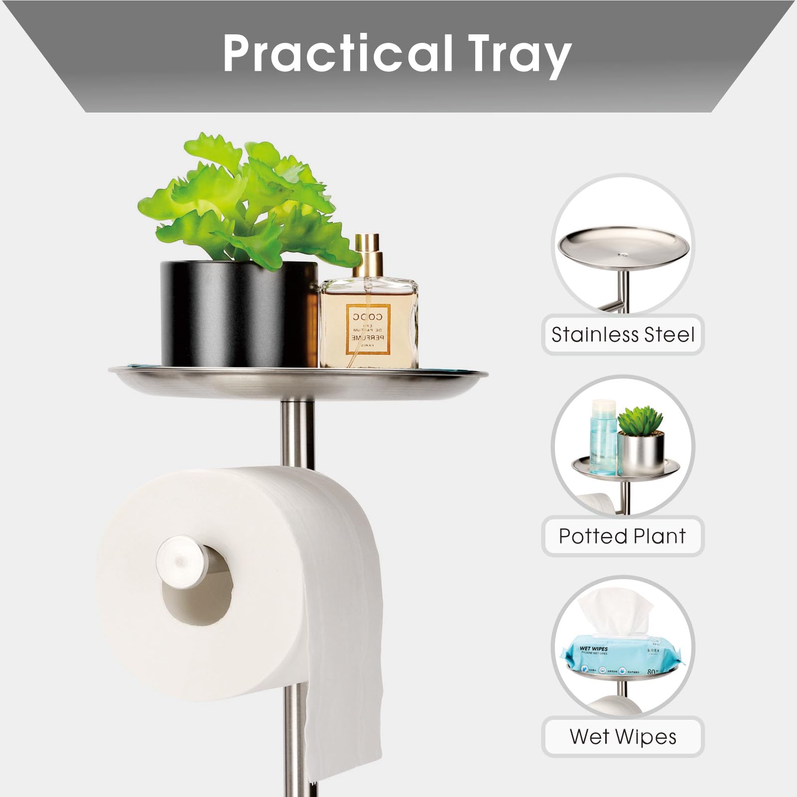 Brushed Nickel Free Standing Toilet Paper Holder Stand With Storage Reserves - Holds 5 Mega - View #2