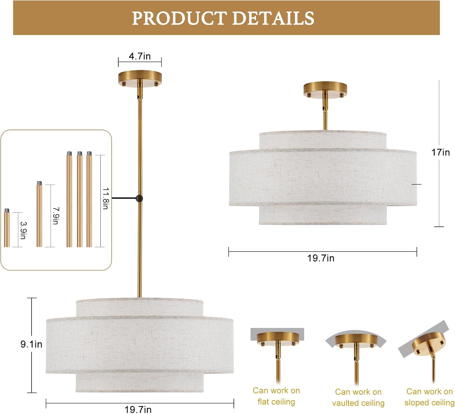 Modern Drum Chandelier Vintage Modern Chandelier Light Fixture with Linen Shade Golden Farmhouse Drum Chandeliers for Dining Room, Kitchen Island, Living Room, Bedroom