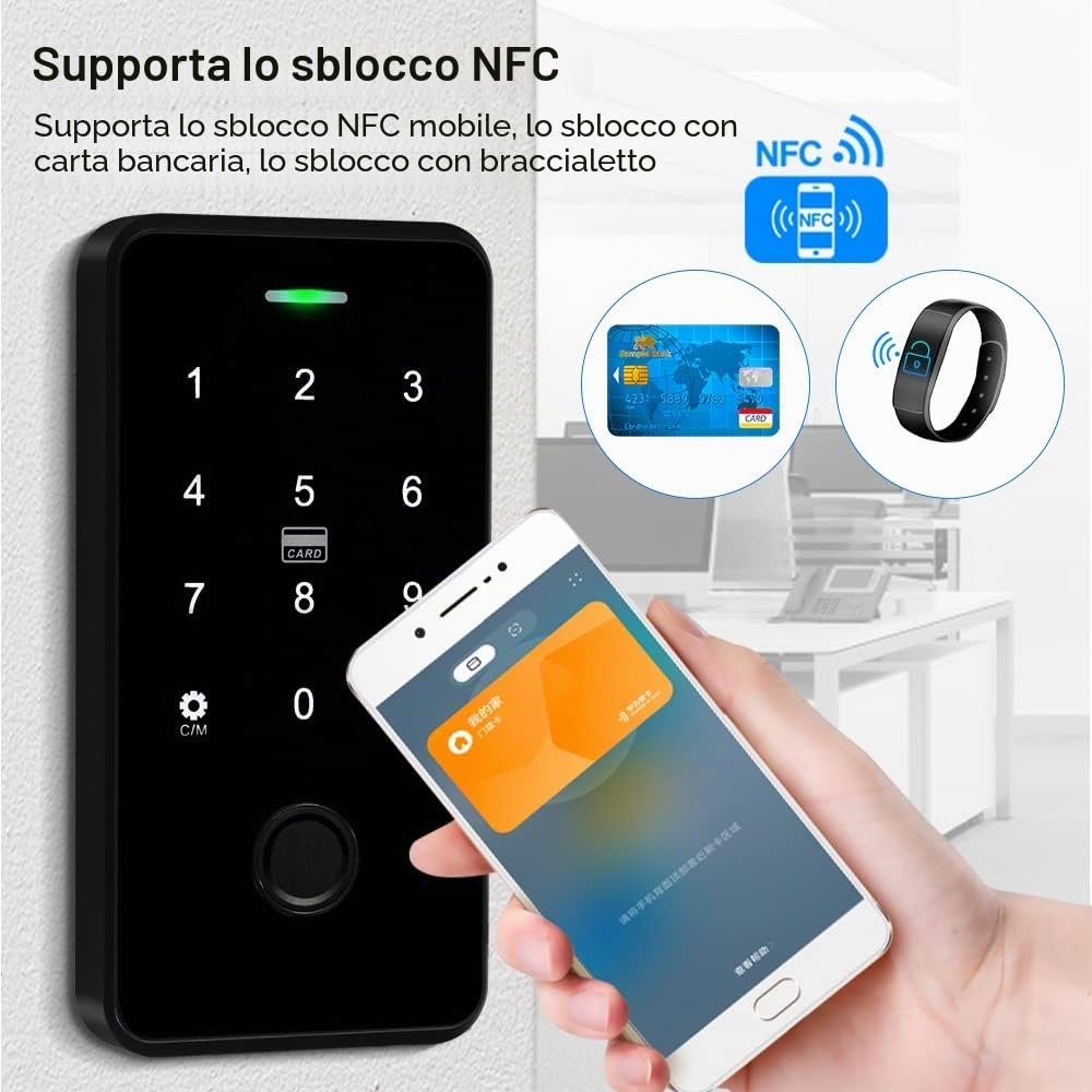 YiToo Tastiera biometrica per controllo accessi con impronte digitali Tuya App Smart NFC Apriporta Impermeabile 13.56 MHz Tastiera RFID con Wiegand 26 Bit Output/Input