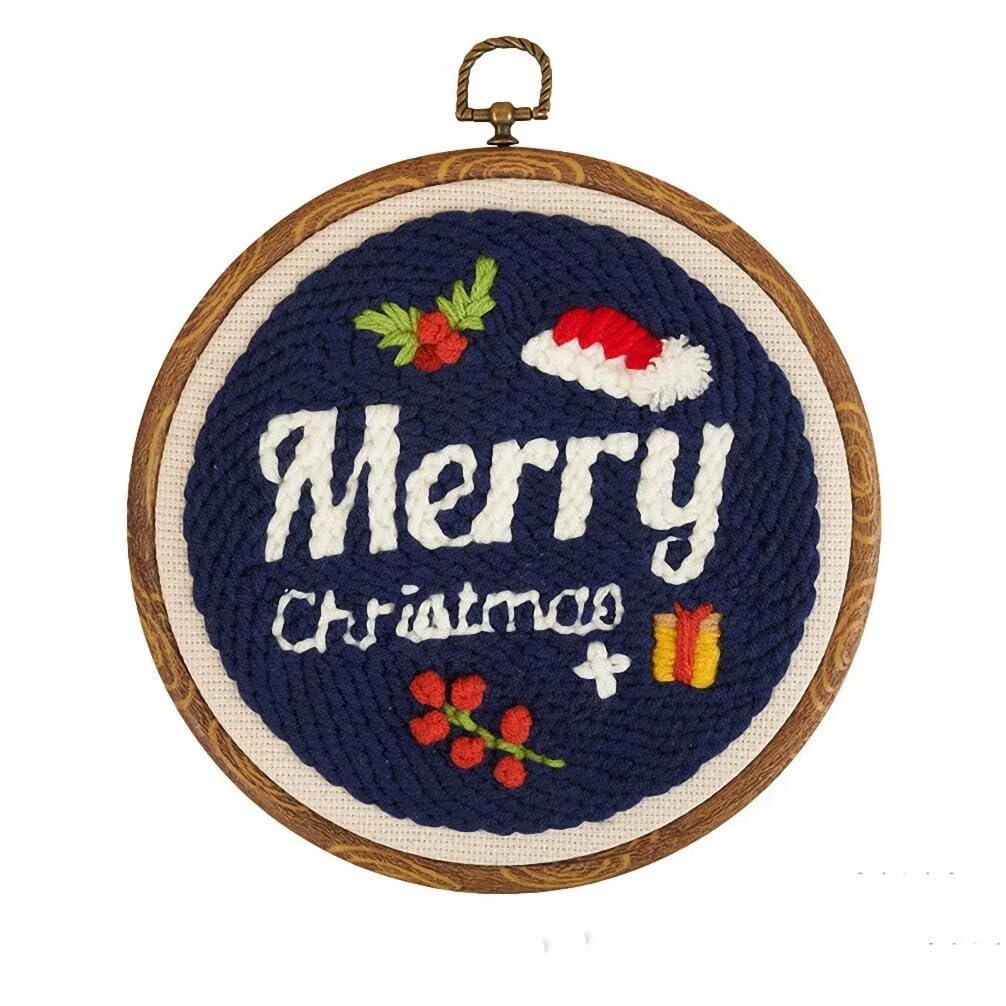 PLANCHOLO Christmas Punch Needle Embroidery Starter Kit: Merry Christmas Pattern, Yarns, Hoops, Instructions & Tools for Adults & Kids