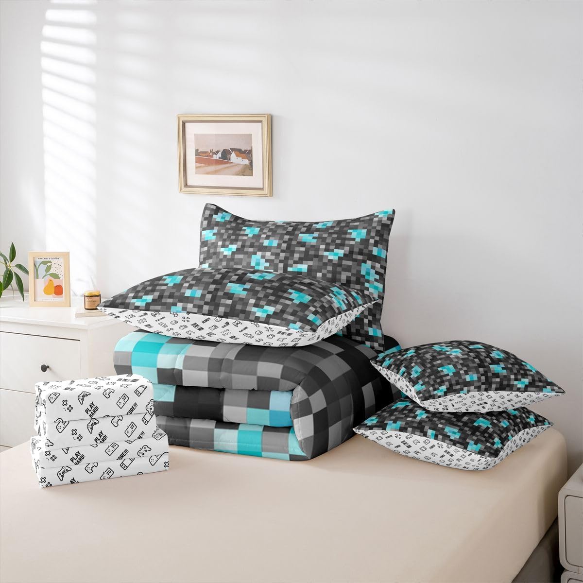 7 Pcs Miner Grid Bedding Sets Game Pixelated Miner Plaid Comforter Set Grey Blue Geometric Patchwork Grid Bed in a Bag with Comforter,Flat Sheet,Fitted Sheet,2 Pillowcases,2 Pillow Covers,Queen Size