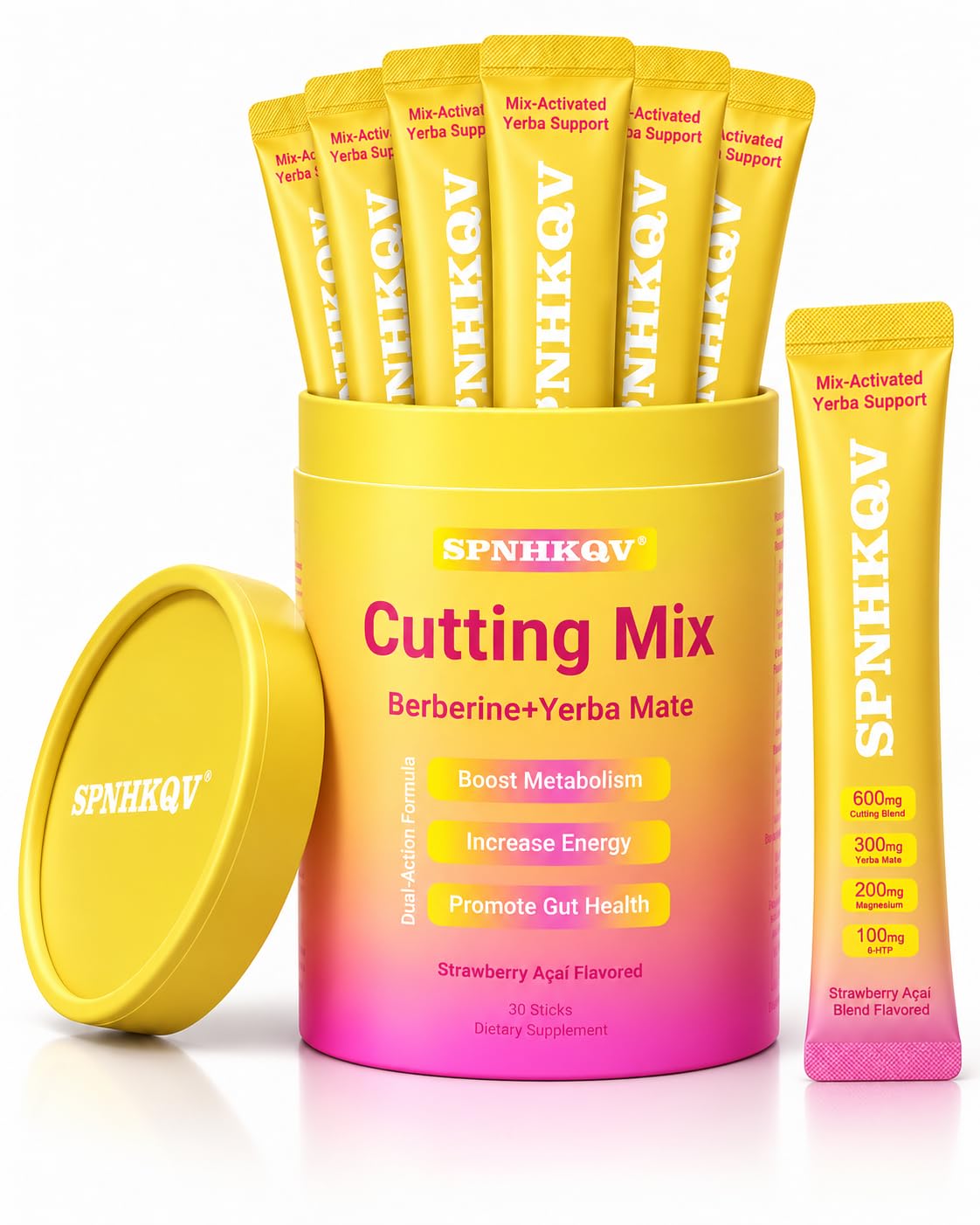 SPNHKQV Cutting Mix Berberine + Yerba Mate, Strawberry Açaí Blend, 30 Stick Packs, Vegan Dietary Supplement Drink Mix with Chromium, 5-HTP, Magnesium & FOS for Metabolism and Energy Support