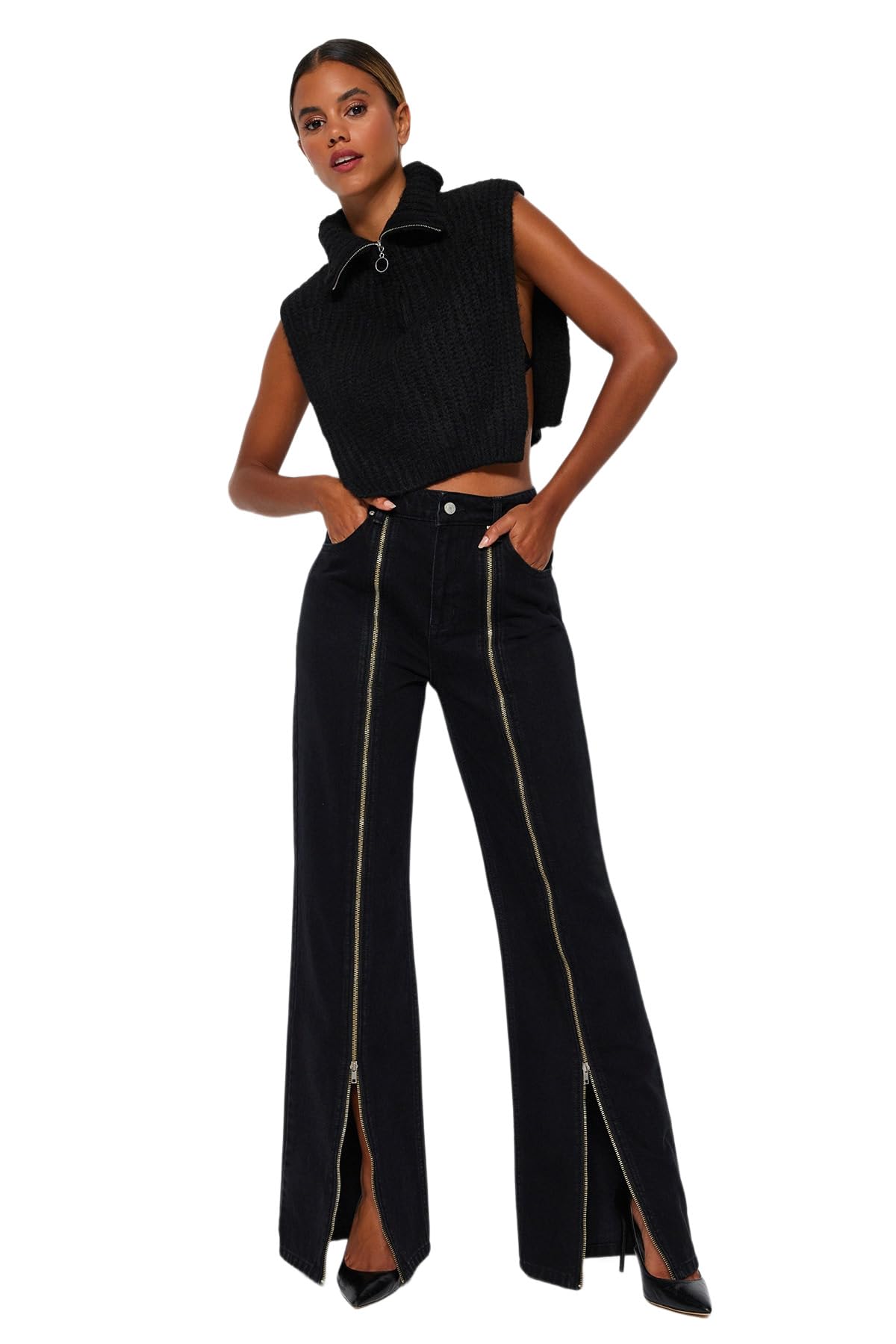 Trendyol Women's Damen Gerade Weites Bein Hohe Taille Jeans, Black, 12