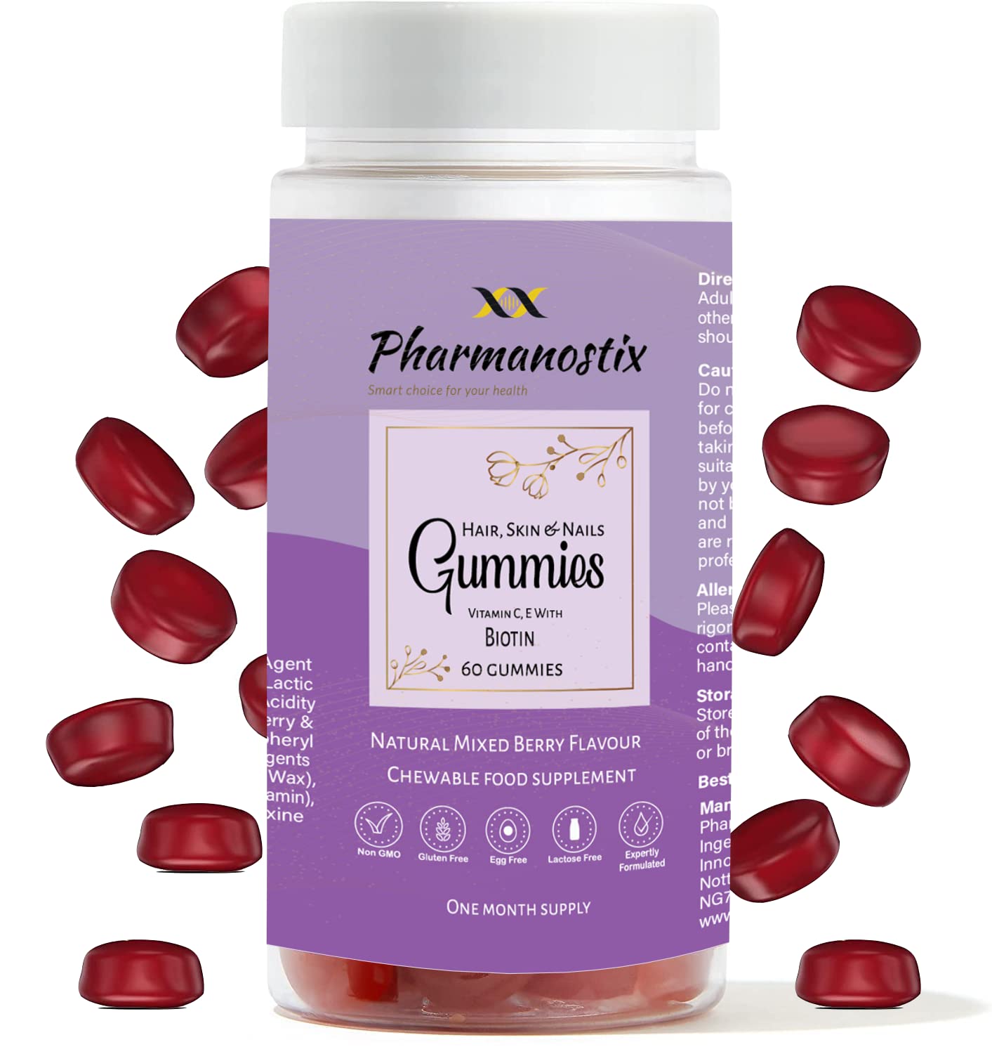 Hair, Skin & Nail Beauty Gummies - Biotin, Zinc, Vitamin D3, Selenium, Vitamin C - Vegetarian Berry Chewable Gummies - Gluten, Dairy, Soy & GMO Free (60 gummies)