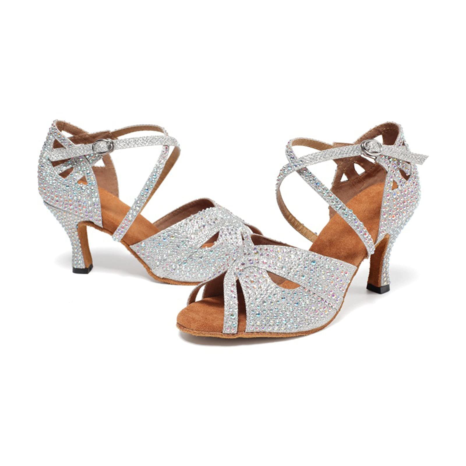 Wygwlg Scarpe da Ballo Latino Americano da Donna, Scarpe da Ballo da Sala da Ballo con Strass Glitterate, Scarpe da Ballo per Salsa (Color : Khaki 7.5cm, Size : 41 EU)