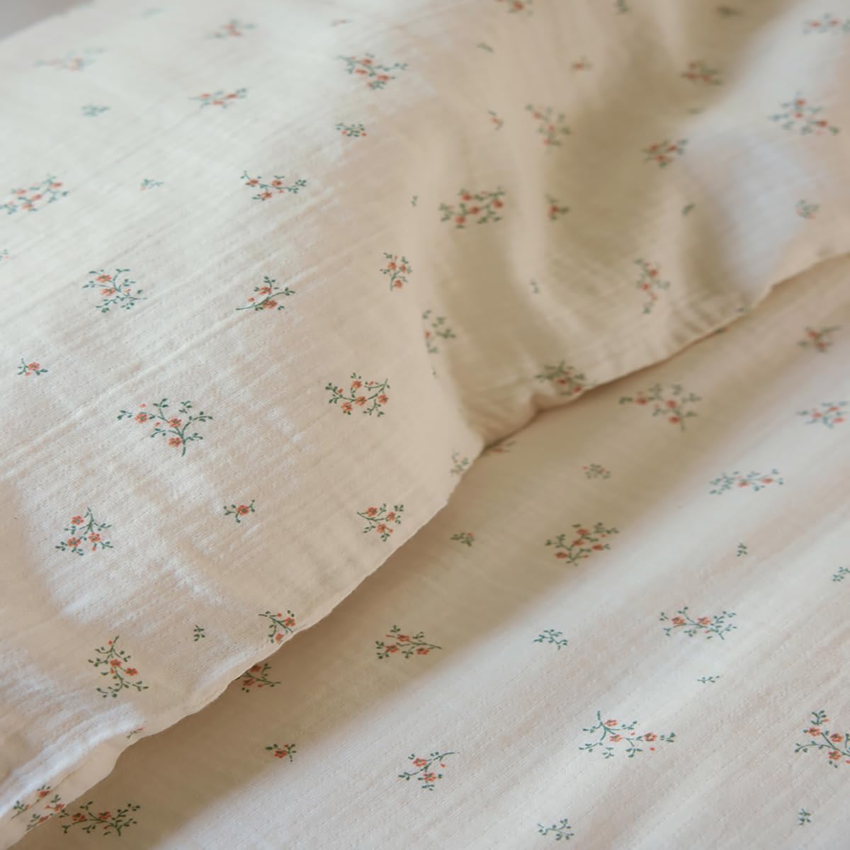 Housse de Couette imprimée en Gaze de Coton, SEMIS Fleuri, 200 x 200 cm, ESSIX, Beige Clair