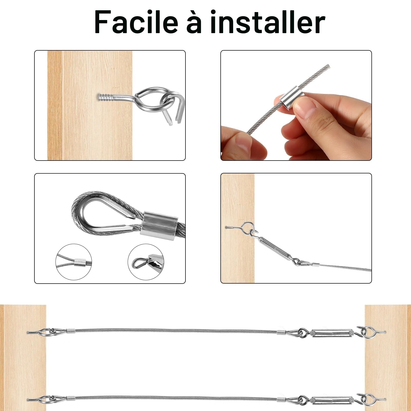 Kit de Suspension 30m en Acier Inoxydable - Câble 3mm Enduit de PVC Avec Tendeur M5 et Crochets - Pour Linge, Lumière, Plante Grimpante, Rambarde