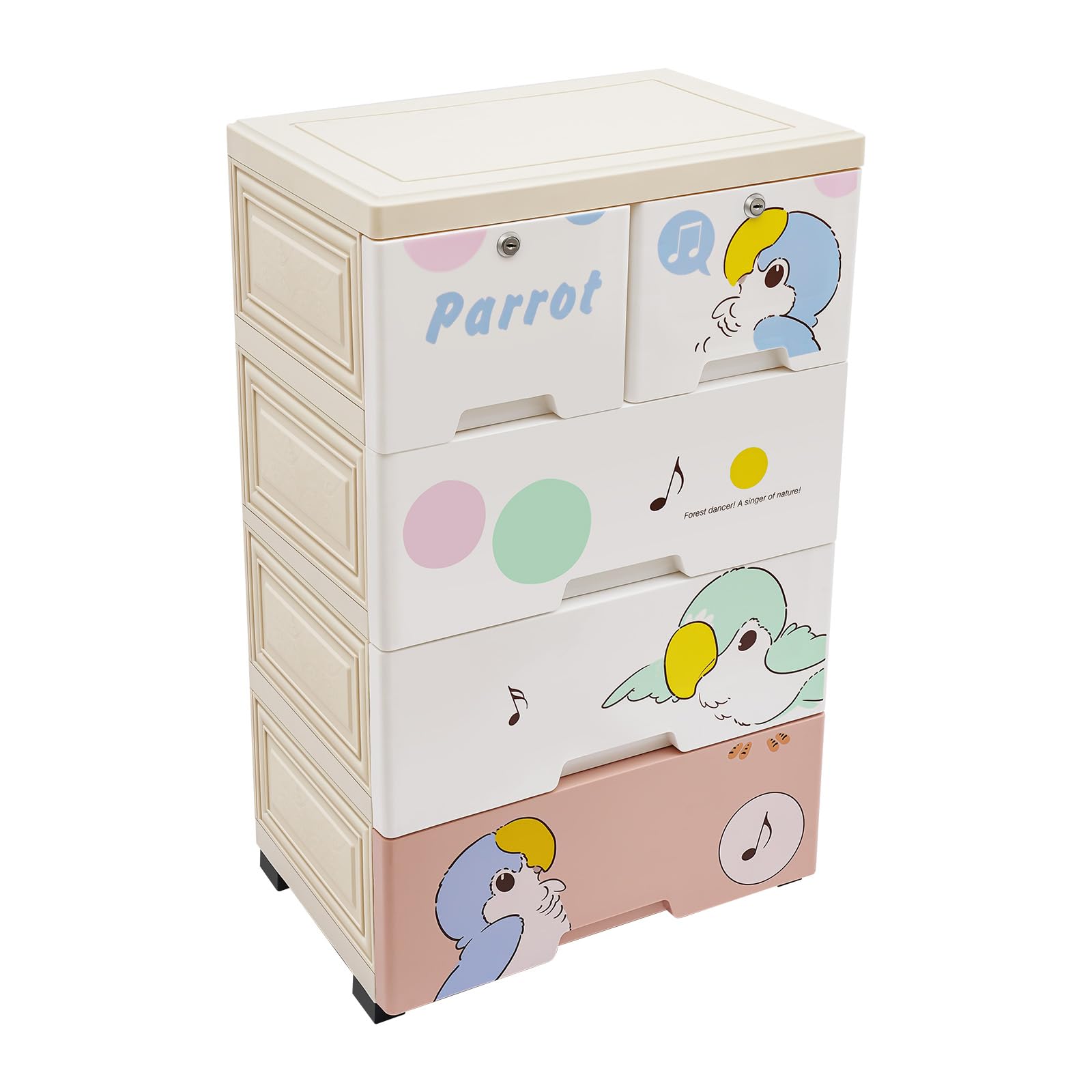 Ficwzw Plastic Dresser with 6 Drawers - Multi-Color Storage Cabinet for Kids, Cartoon Parrot Pattern, Modern Free Standing Organizer for Clothes, Ideal for Playroom and Bedroom