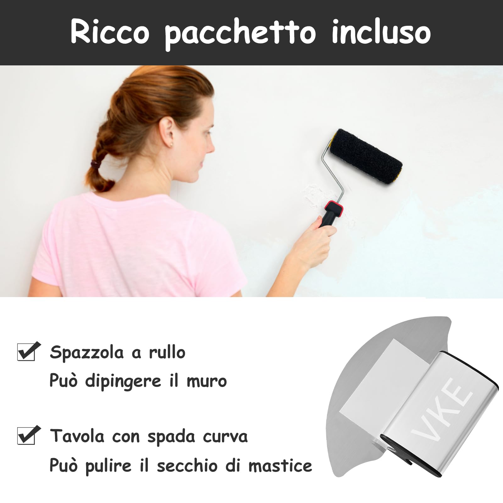 VKE Kit Spatole per Stucco Muro Spatola e Raschietto per Stucco per Spatola Stucco (30+50+80 CM) con impugnatura ergonomica, asta telescopica per intonacare pareti e soffitti (1-2.1m)