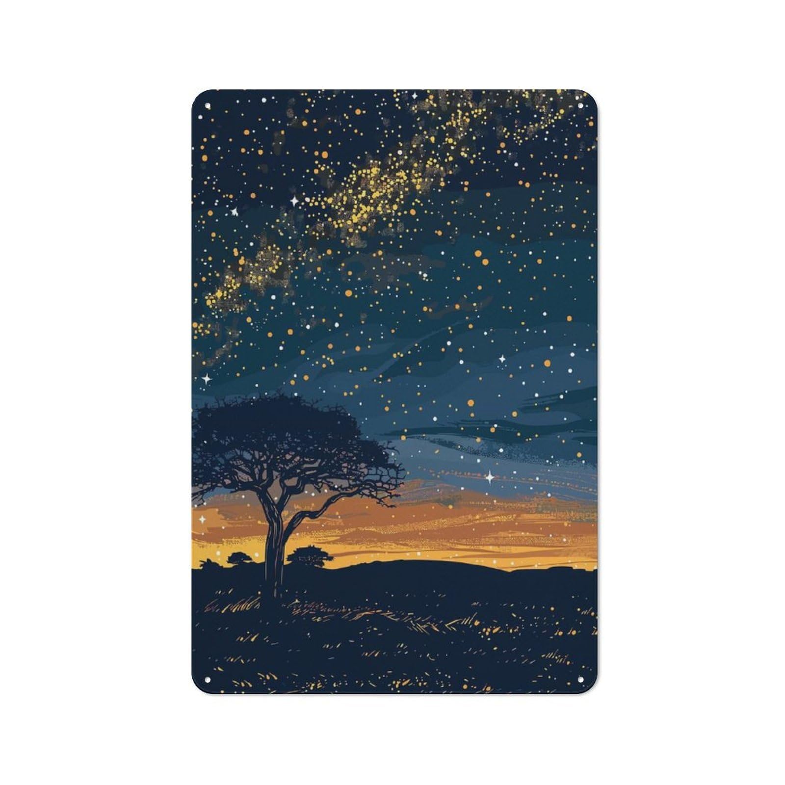 Junmoney Style-3 Decorative Tin Plaque With Night Sky Landscape With Tree Design 30X20cm, Nostalgic Home Bar Decor For Bar, Kitchen, Garage Or Games Room