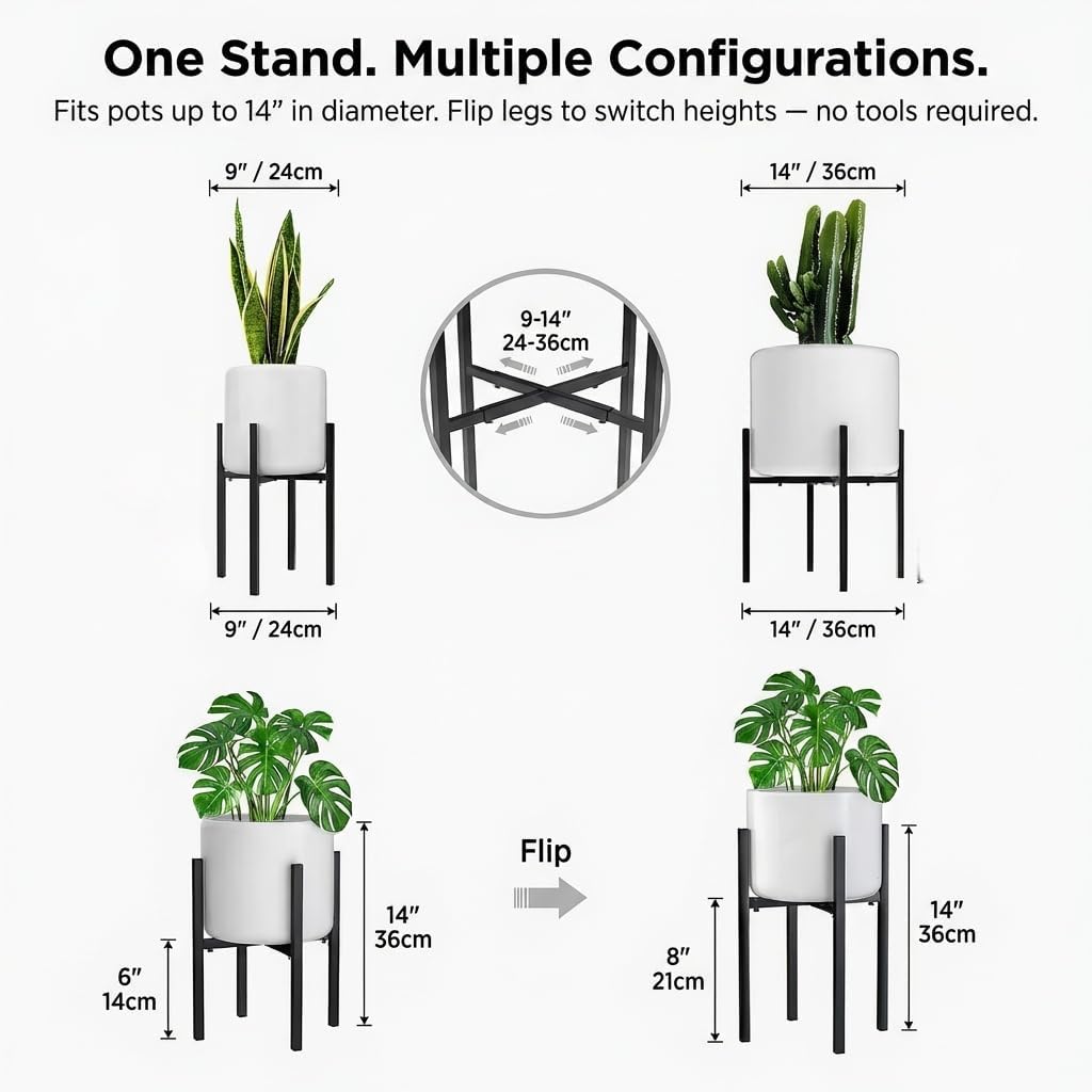 Universal Adjustable Plant Stand | Fits 9-14" Pots | 2 Height Options | Sturdy Metal Flower Pot Holder for Indoor Outdoor Use