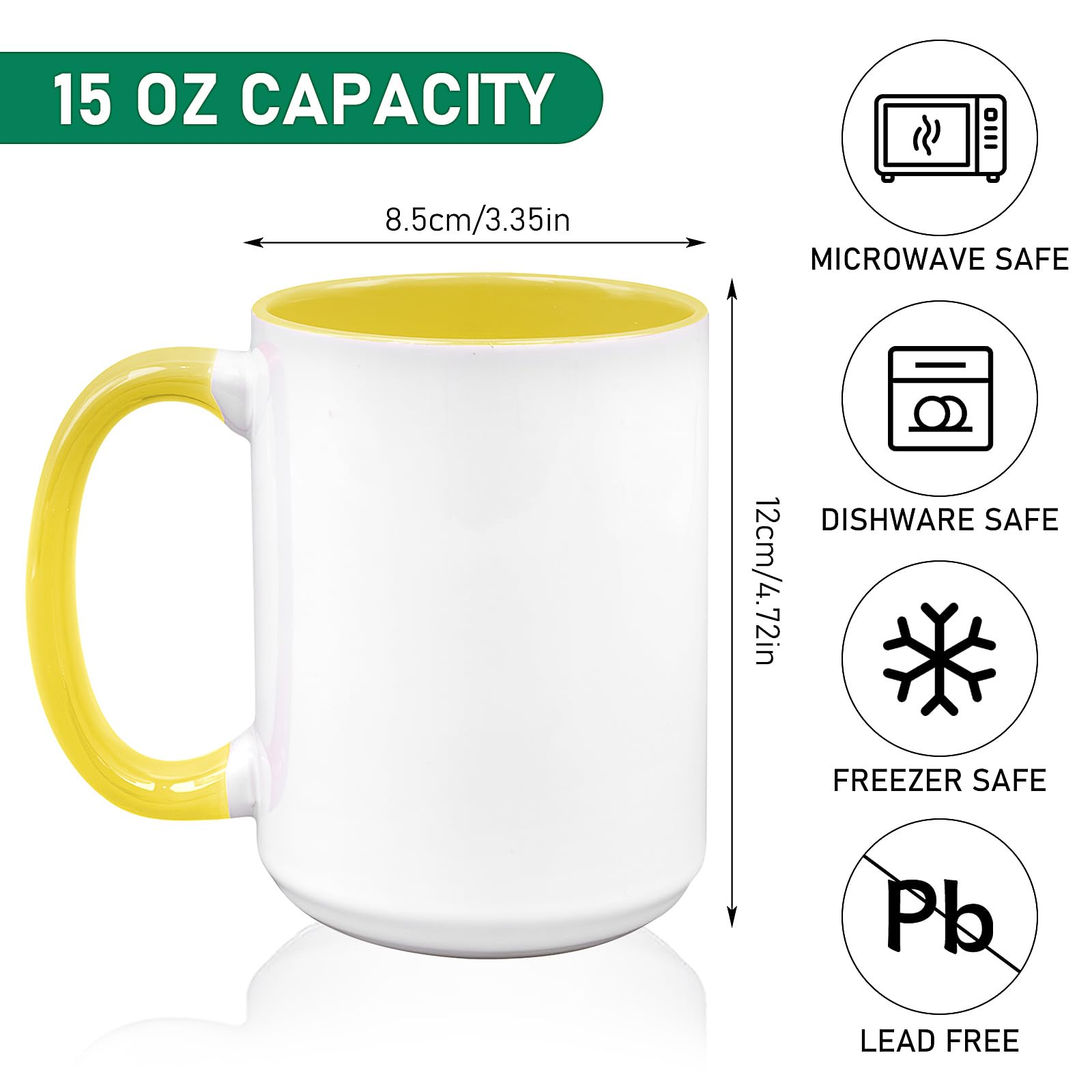 12er Set Sublimationsstassen Rohlinge mit farbigem Henkel & Innenseite, 15 oz / 450ml Große Kaffeebecher Keramik für Tassendruck,AAA Coated Fototassen Set inkl. 12 Einzelkartons für DIY Geschenke