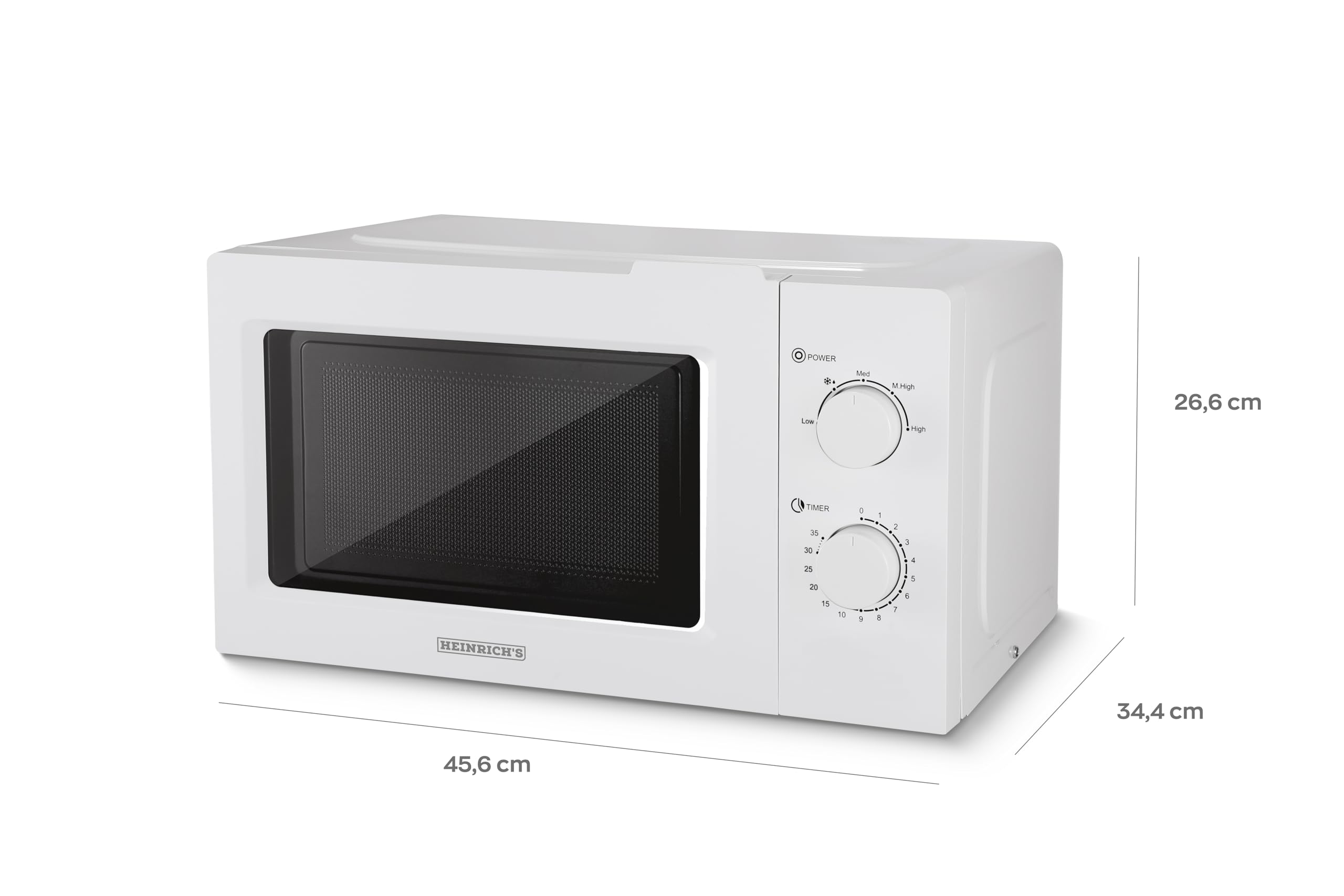 HEINRICHS Mikrowelle, kompakte Mikrowelle, 20L Volumen, 5 Leistungsstufen, inkl.35 min. Timer, Defrost Funktion, Innenraumbeleuchtung, 360° Drehteller, Zwei Drehregler, Weiß, 700W Leistung, Heinrich´s