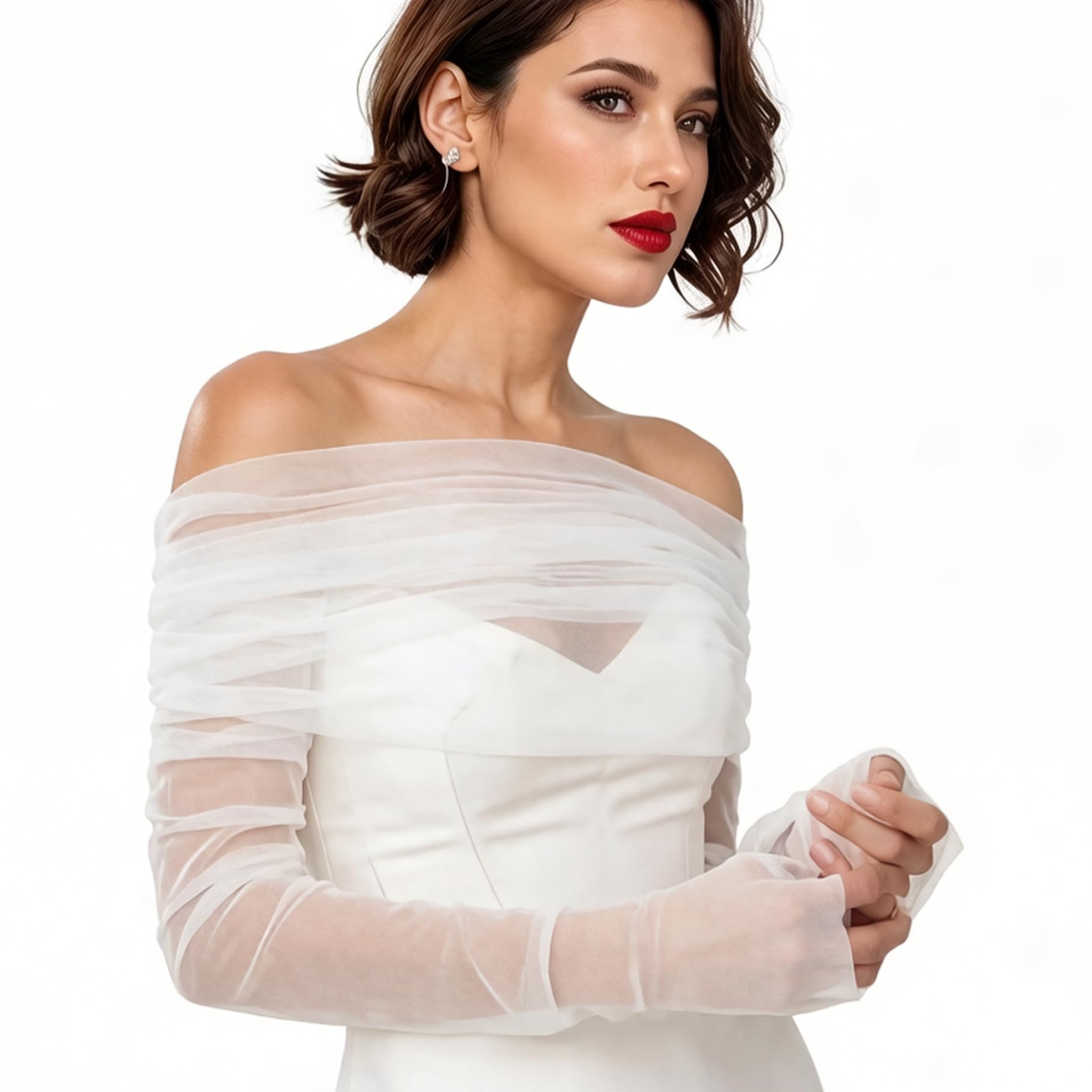 Tsawntd Unisex Without Pearl Bridal Shawl, Elegant Off-Shoulder Sheer Shawl With Detachable Sleeves, Tulle Wedding Cover Up For Bride,