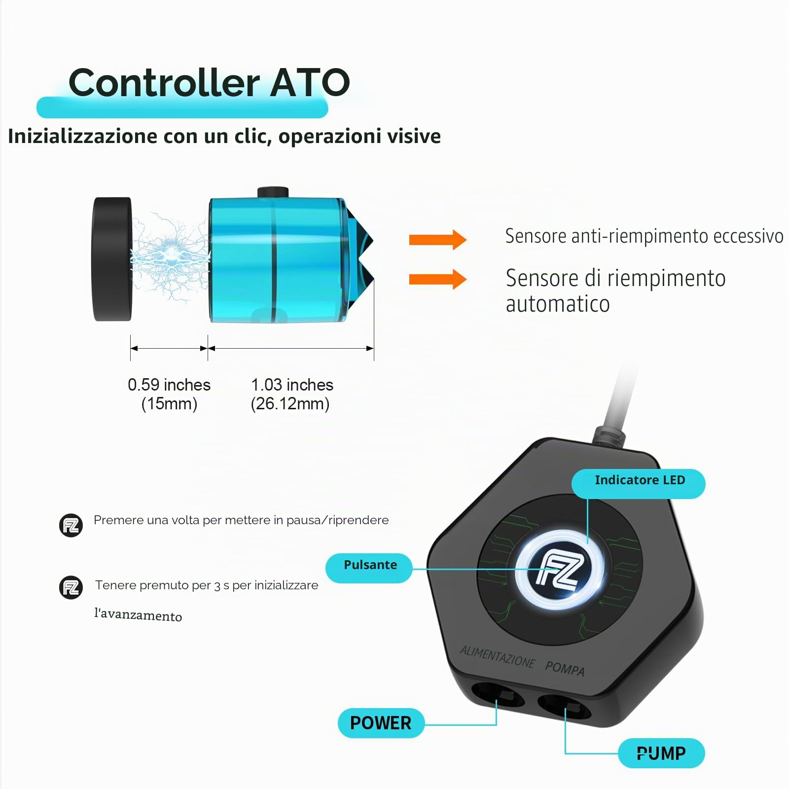 Fzone ATO aggiornato Sistema di Riempimento Automatico da 0,7 pollici per Acquario Marino e d'Acqua Dolce con Controllore Aggiornato Sistema Auto Top Off