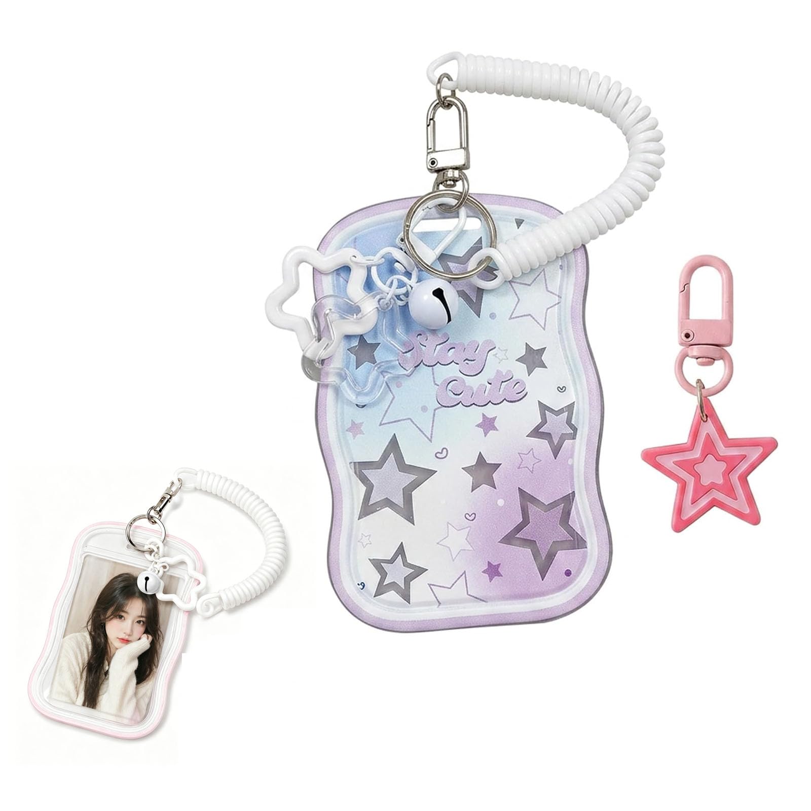 embroidery 4PCS Photocard Holder, Bag Charms, Convenient ID Card and Accessory Organizer, Four Piece Set with Star Charms and Wrist Strap, Ideal for Students and Professionals, White and Pink Design-picture-20