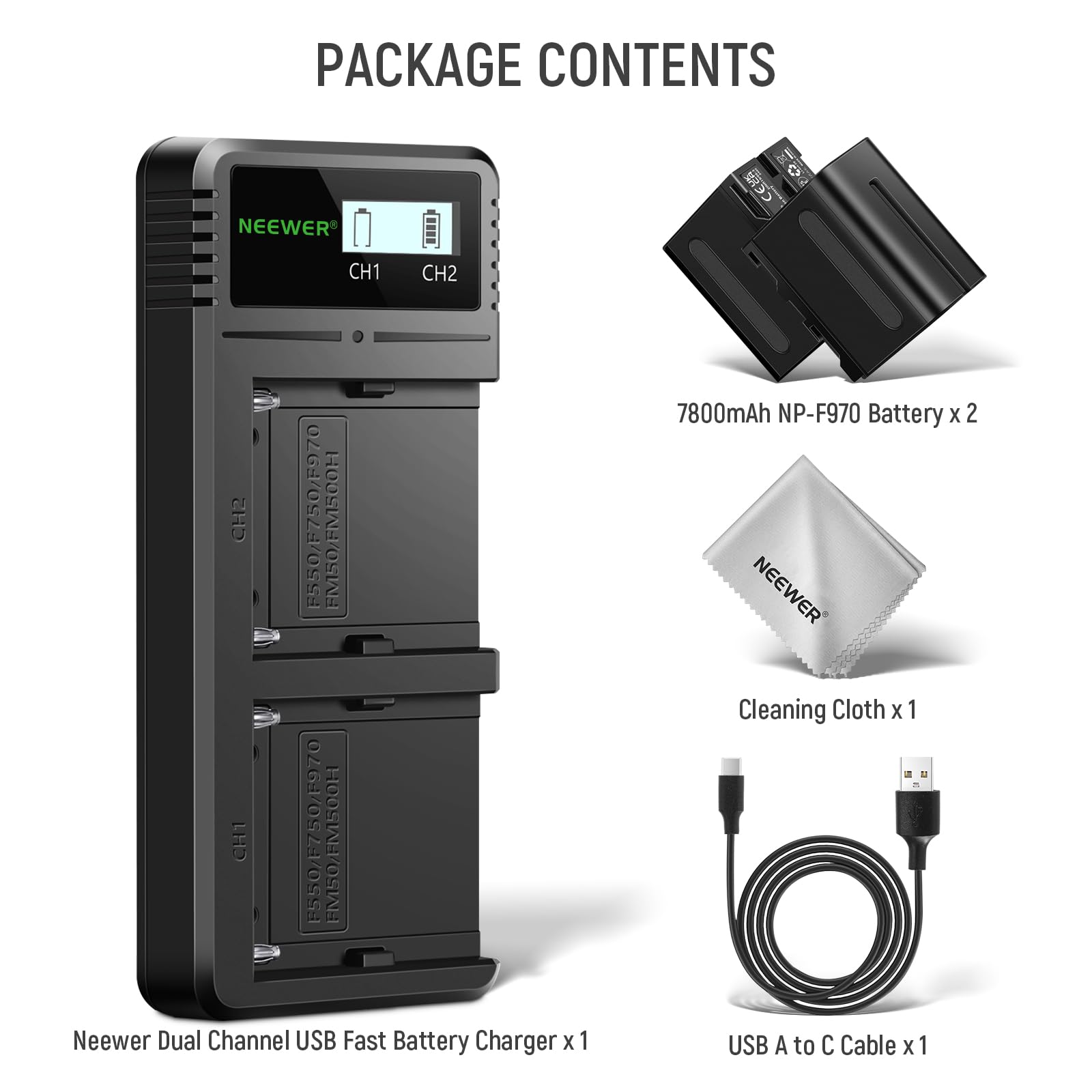 NEEWER 2 STK. NP-F970 7800mAh Ersatzakkus mit Ladegerät/Reinigungstuch, Kompatibel mit Sony NP-F970 F960 F950 F770 F750 F570 F550 FX3 FX30 A7 Canon R5 Nikon Z8 Kameras, für Handycam LED Licht