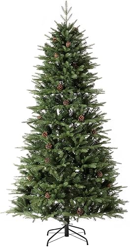 Miniatura 7 de Glitzhome Árbol de Navidad artificial de abeto verde preiluminado de 7 pies con soporte de metal de fácil montaje, 9 árboles de Navidad artificiales