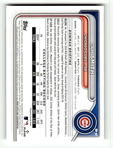 Miniatura 2 de 2024 Bowman Draft #BD-67 Cam Smith RC Rookie Chicago Cubs Baseball Base Trading Card