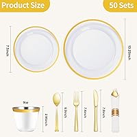 Vista 4 de Goodluck 350 Piece Gold Plastic Dinnerware Set for Party, Clear Disposable Plates for 50 Guests, Include: 50 Dinner Plastic Plates, 50 Dessert