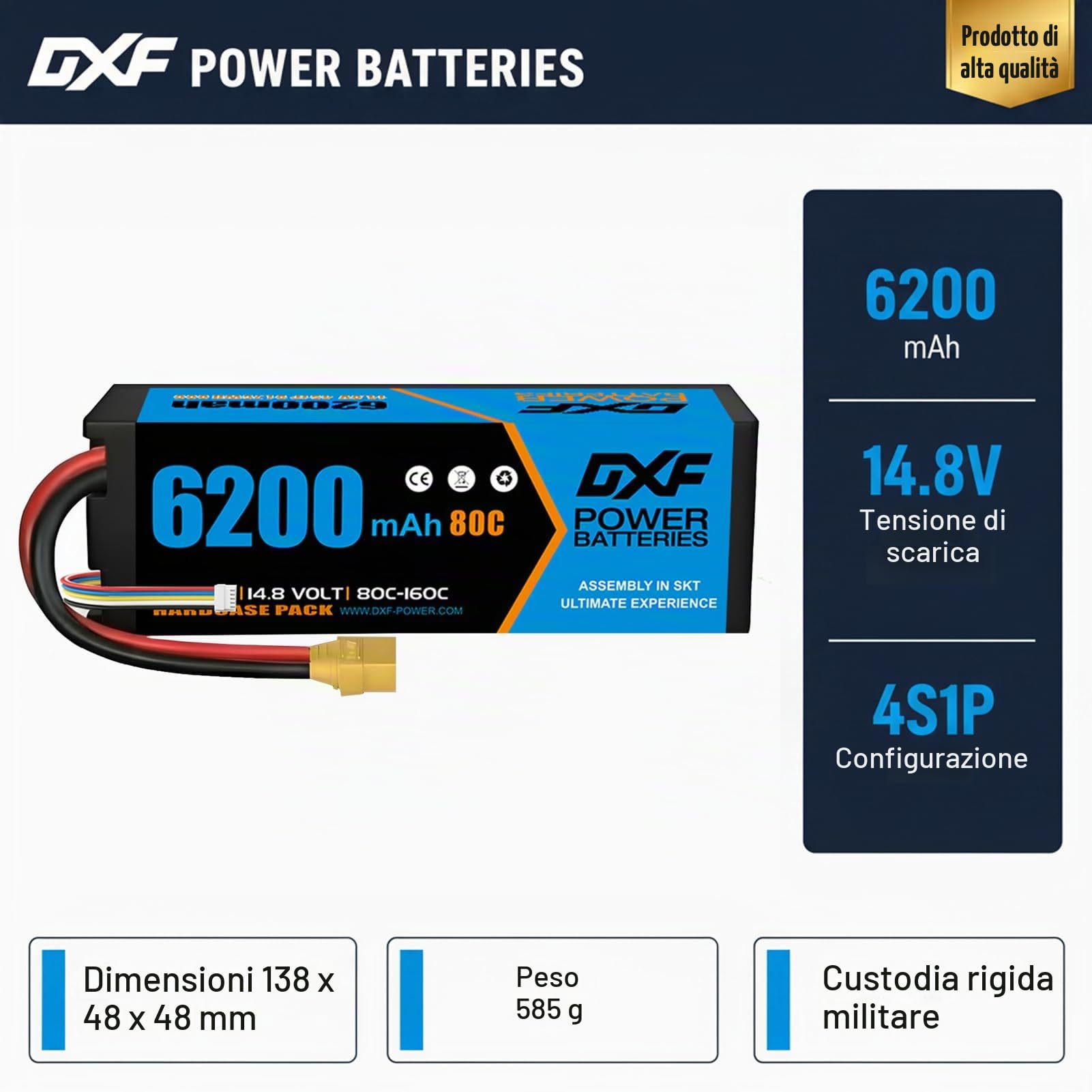 DXF Batteria LiPo 4S 14.8V 6200mAh 80C Spina XT90 Auto RC Truck Buggy 1/8 1/10 Alte Prestazioni Potente Affidabile Esperienza Decennale Gare Racing Modellismo 2 Pezzi