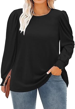 DOLNINE Women-Plus-Size-Tops Dressy Puff Sleeve Casual Smocked Cuffs Tunic Shirts XL-5XL