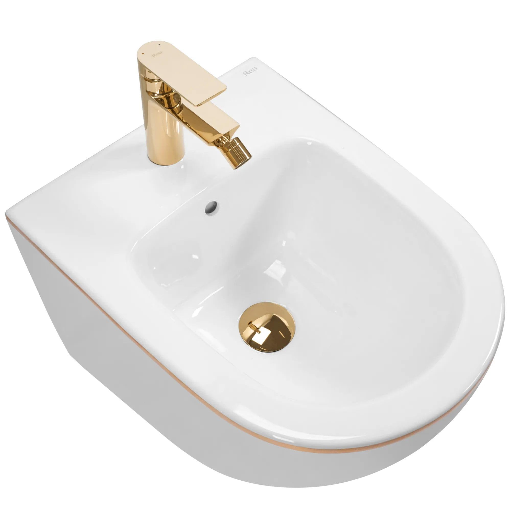 Rea - Carlo Mini Bidet Sospeso Bidet Sospeso in Ceramica Bordo Oro Bianco per Bagno 49,5 x 37 x 32,5 cm (Bianco)