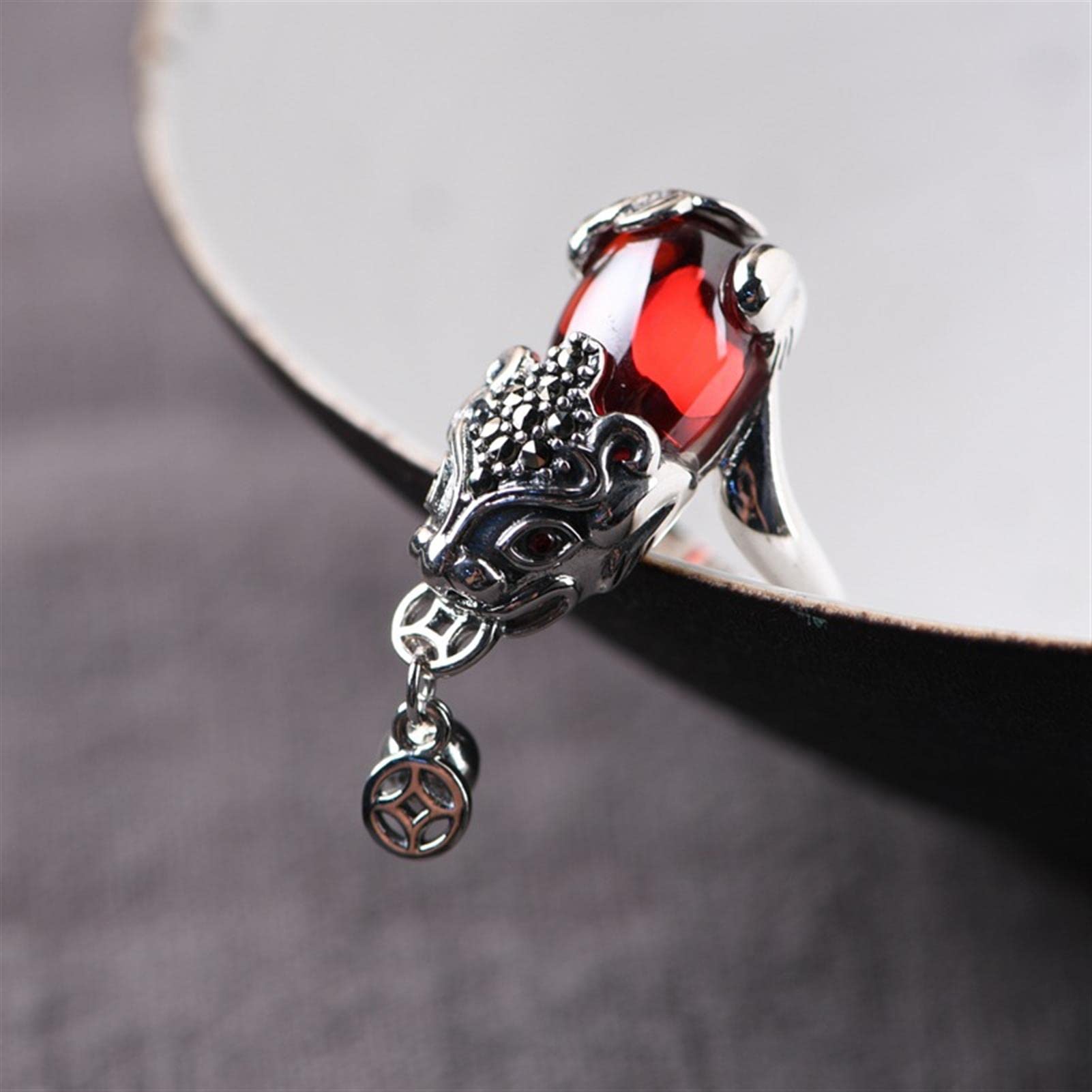 Entfesseln Sie Reichtum und Glück mit Vintage Feng Shui Pixiu Ring Set - 925 Sterling Silber mit roten Granaten Männer und Frauen