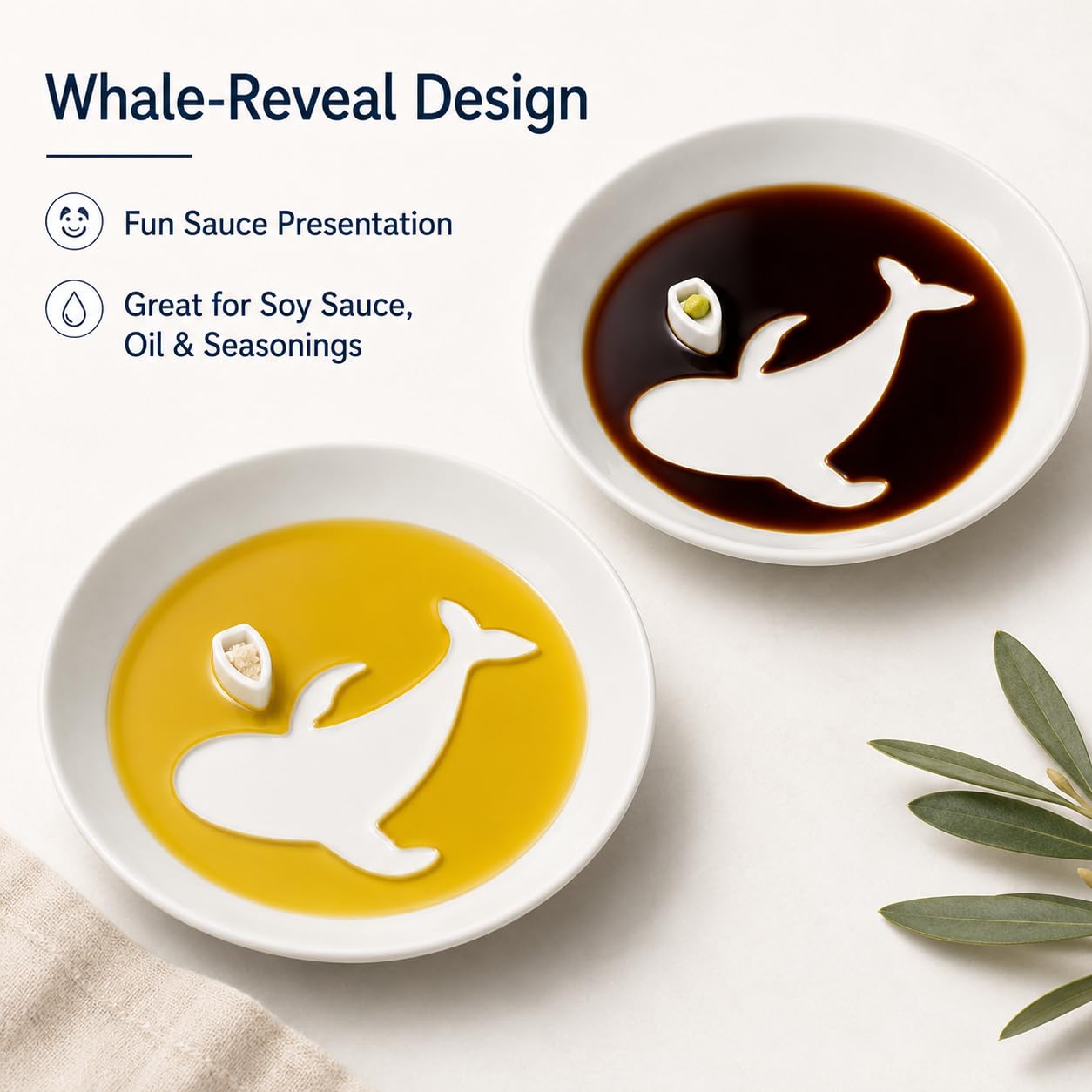 Lot de 10 plats à sauce soja en céramique blanche en forme de baleine, 15 cm pour huile d'olive, vinaigre