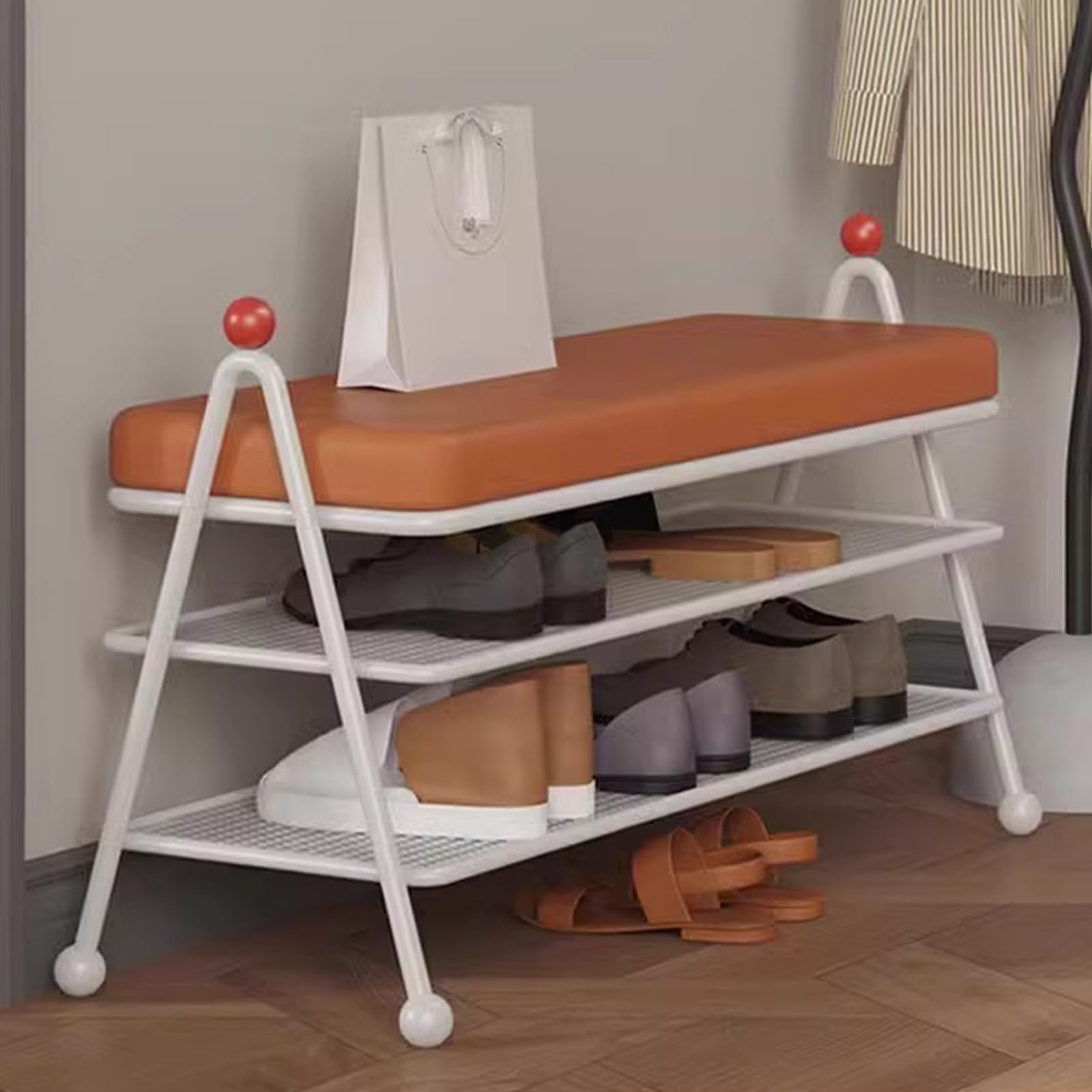 Banc à chaussures cadre en acier robuste et assise marron rustique