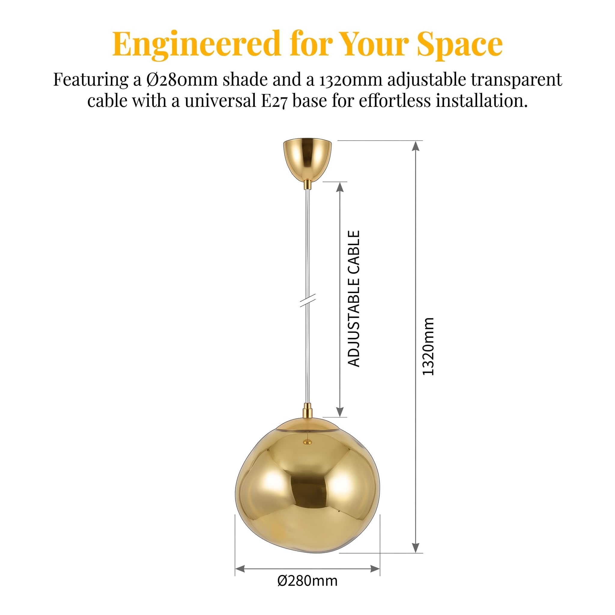 BARCELONA LED Goldene Pendelleuchte Ø28cm E27 Aus Glas | Robustes Metall, Transparentes höhenverstellbares Kabel, Bis 40 W, Für Wohn- und Esszimmer, Wohn- und Hotelbereich