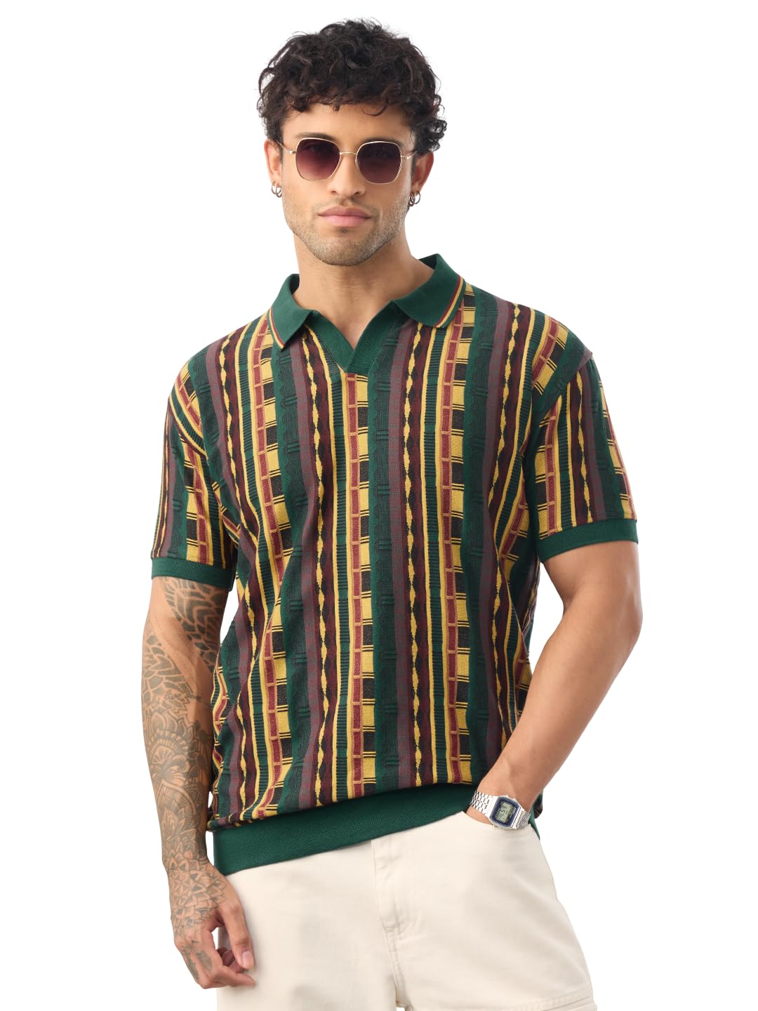the souled store Jacquard Polos: Men and Boys Short Sleeve Spread Collar Geometric Print Cotton Blend Breathable Retro Design Lightweight Everyday All-Season Polo Shirts-picture-26