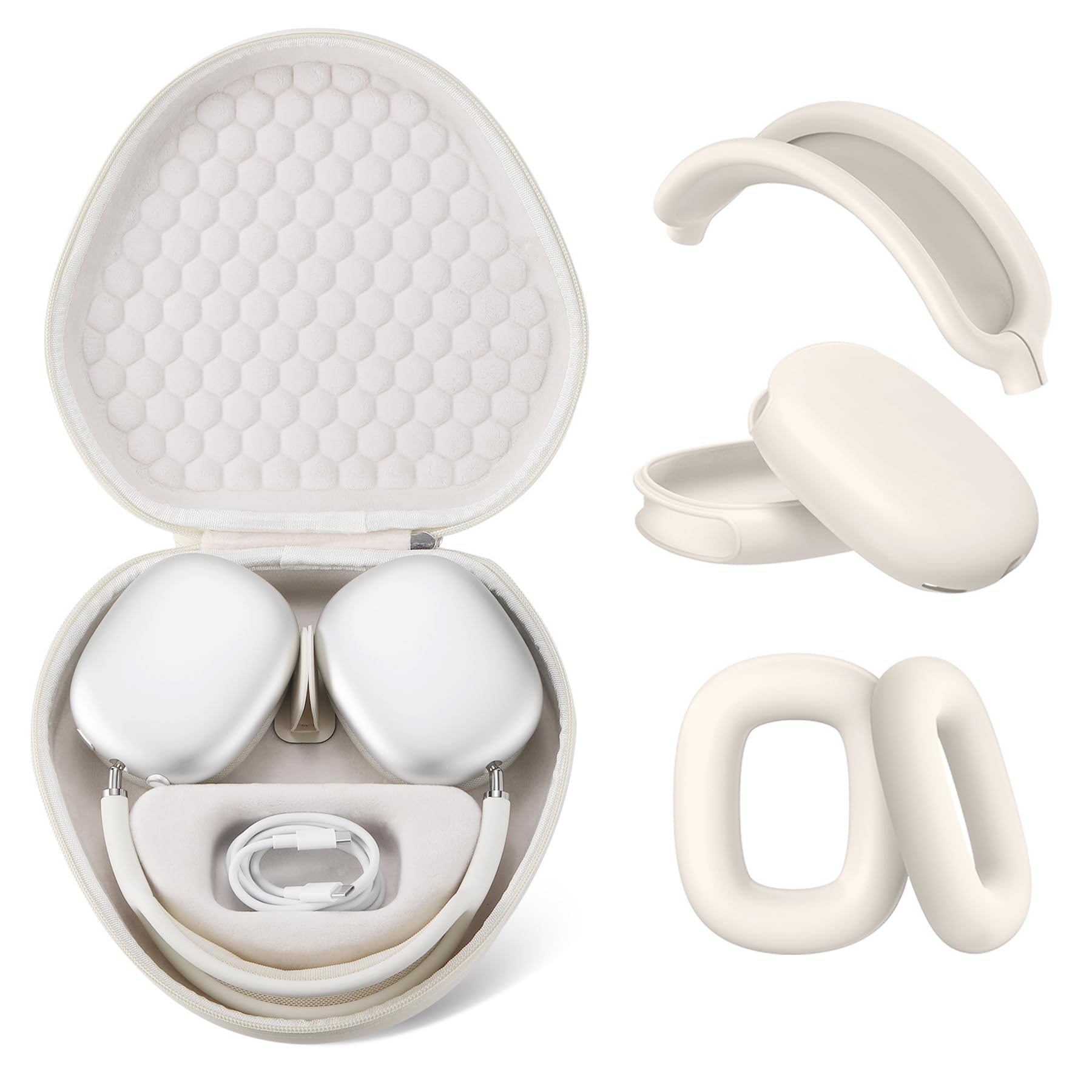 Maxjoy for Airpods Max Case, Smart Case Supports Sleep Mode, with AirPods Max Silicone Earpad Cover/Ear Cups/Headband Cover Accessories, Portable Travel Carrying Storage Bag, Khaki Set