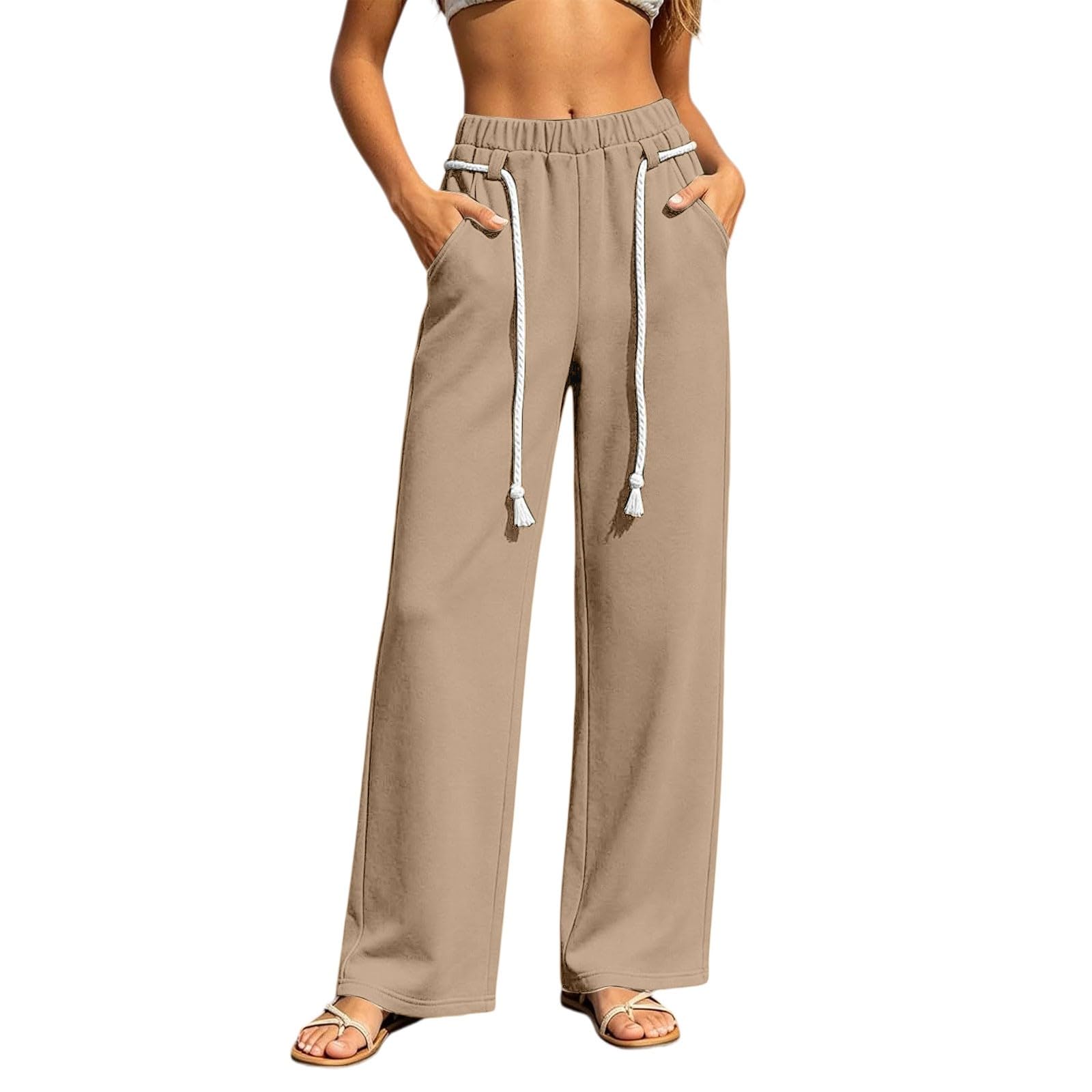 Hosen Damen Weite Bein Jogginghose Freizeithose Kordelzug Elastischer Bund | Loose Fit Sporthose Einfarbig Sommer Laufhose Casual Atmungsaktiv Trainingshose Mit Taschen Weiches Material Stoffhose