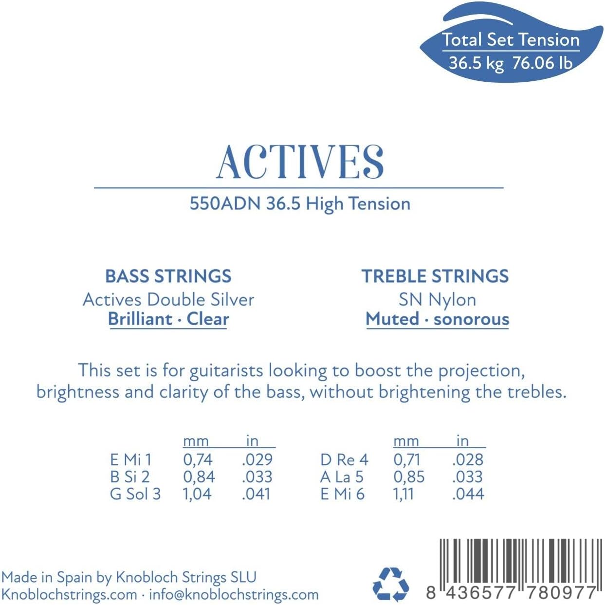 KNOBLOCH STRINGS - Spanish Guitar Strings | 550ADN Actives Double Silver High Voltage 36.5 | Bright Bass, Matized Trebles | Resonant Sound with Clarity | Classical Flamenco String Set