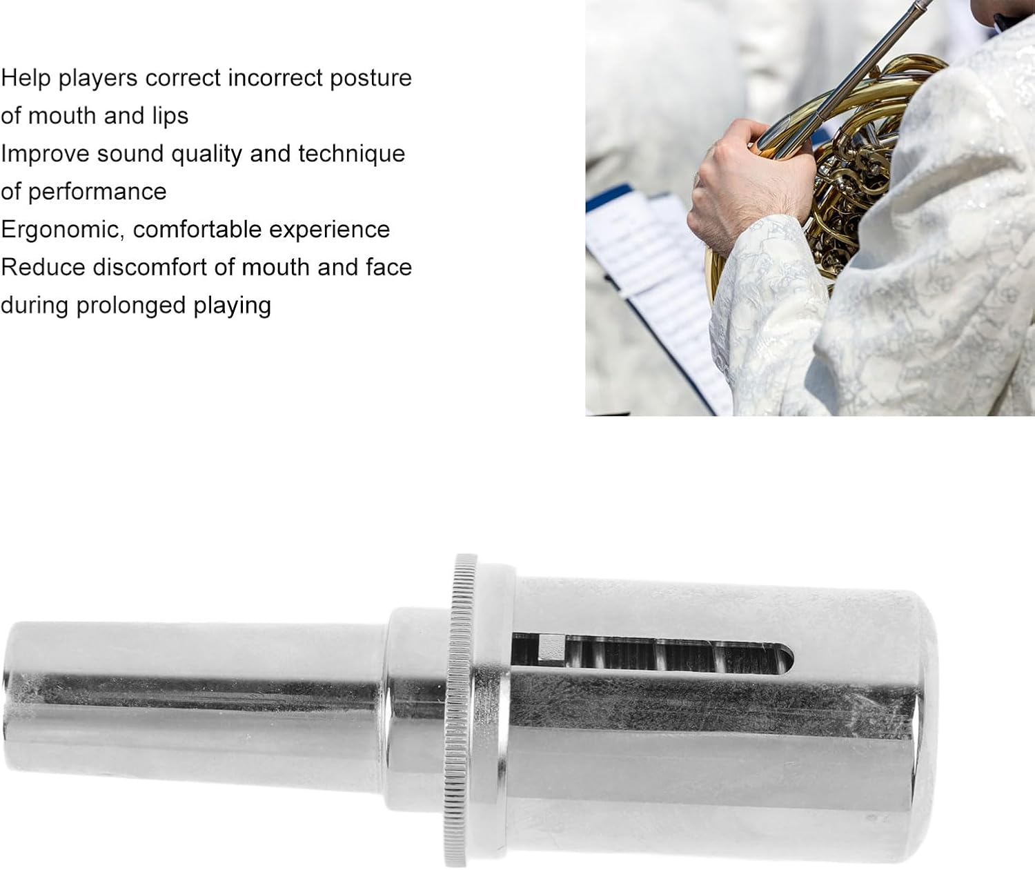 フレンチホルン減圧バルブ、プロフェッショナルマウス補正器、呼吸トレーニングとパフォーマンス用(シルバー)