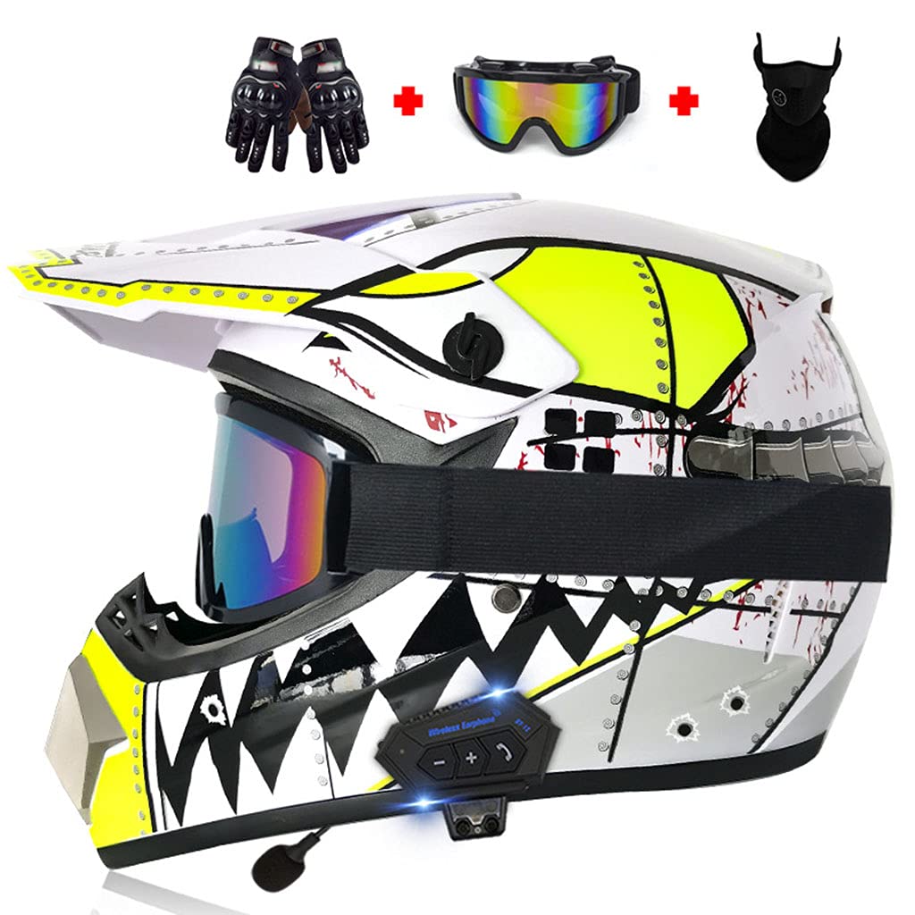 DCLINA Erwachsene Unisex Motocross Offroad Motorrad Bluetooth Helme mit 4 PCS Set, DOT Approved Dirt Bike ATV Integralhelm Road Downhill Motorrad Helme mit Handschuhen, Schutzbrille und Maske