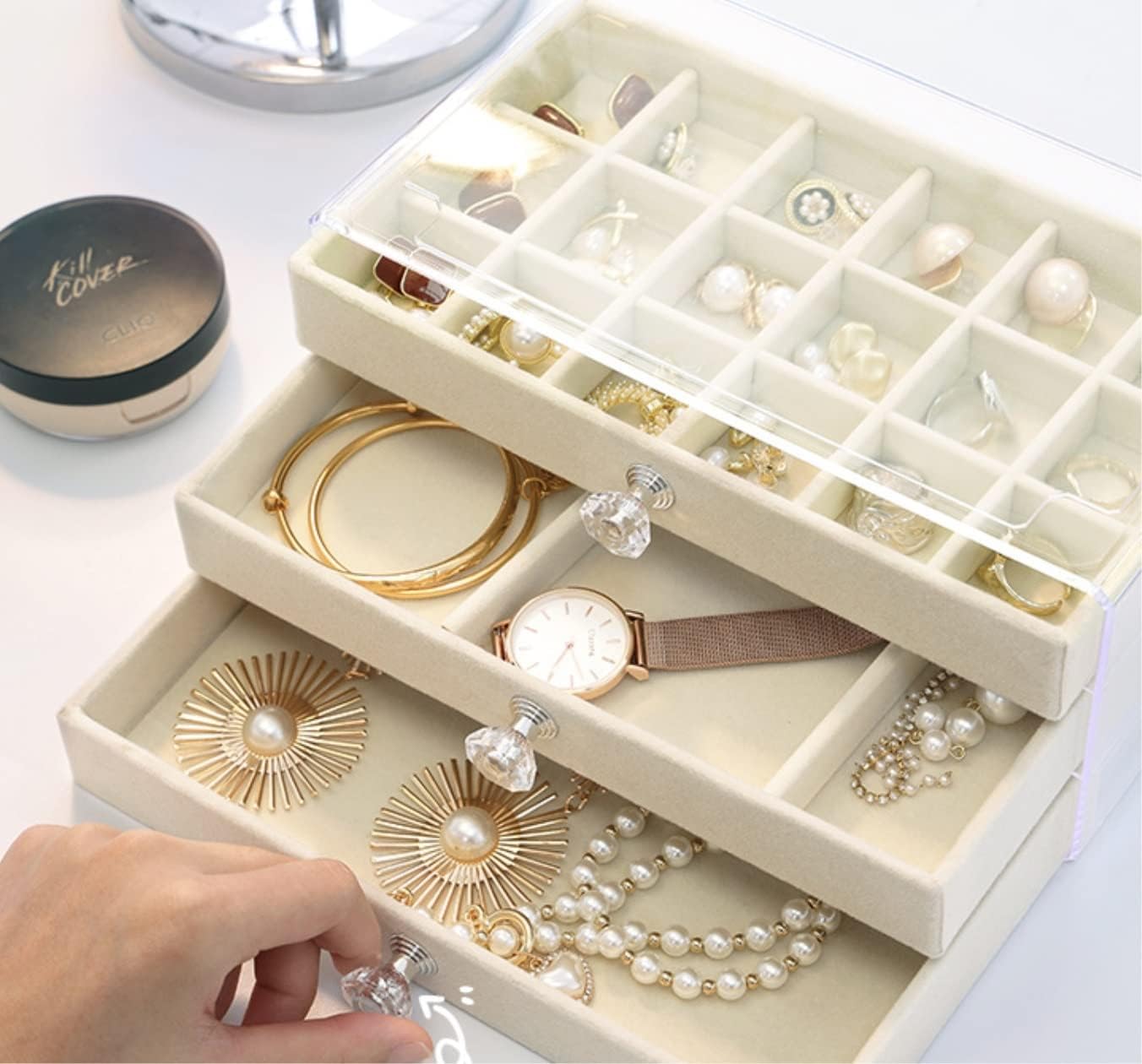 アクセサリーケース ジュエリーボックス ジュエリーボックス 化粧鏡付き高級ガラスジュエリーボックス ジュエリー収納オーガナイザー ア