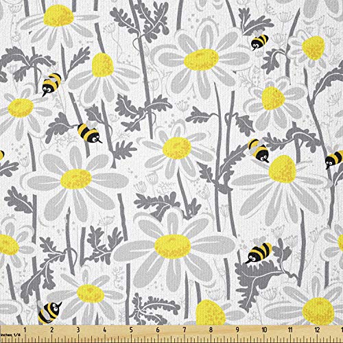 Image of Ambesonne Yellow Fabric by The Yard, Pattern with Bees and Chamomile Daisy Flowers in Flourishing Meadow Nature, Stretch Knit Fabric for Clothing Sewing and Arts Crafts, 2 Yards, Yellow Cream