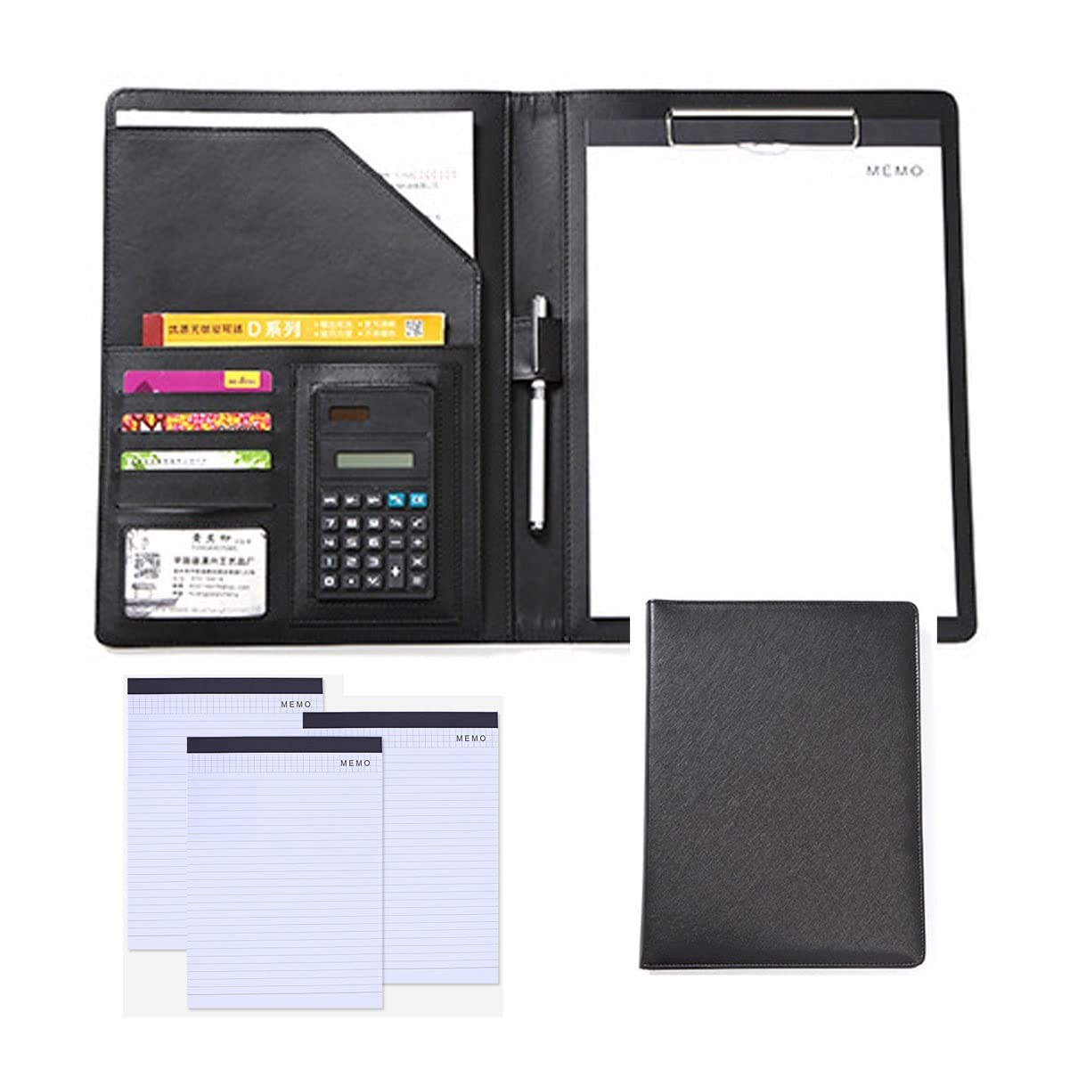 Portfolio A4 Porte Documents Multifonctionnel Folder Professionnelle Dossier De Conférence en Cuir avec Calculatrice pour Femmes Hommes Papier De Recharge 25 Feuilles Lot De 4 (Color : Black)
