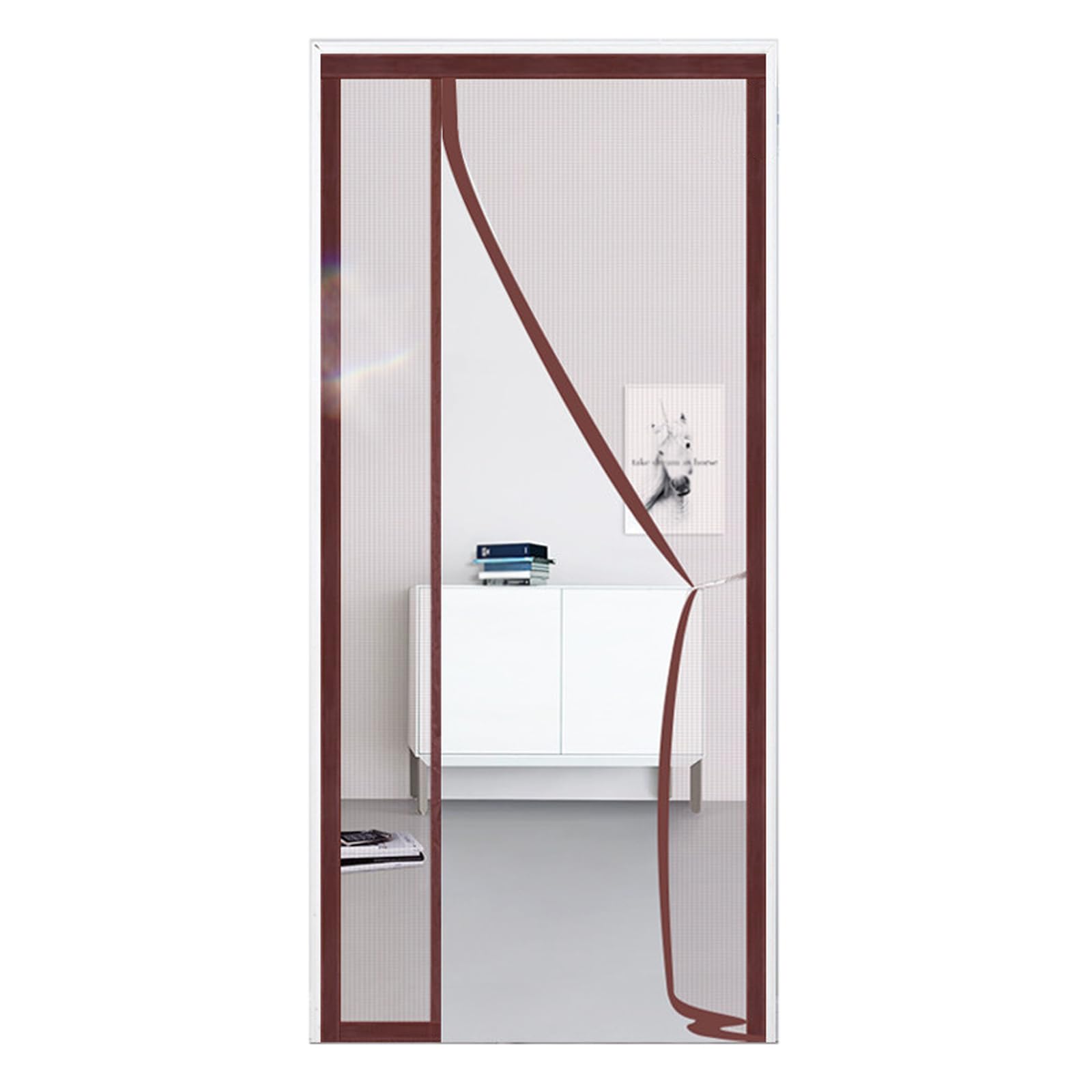 Rideau moustiquaire marron pour porte de balcon avec fermeture magnétique automatique