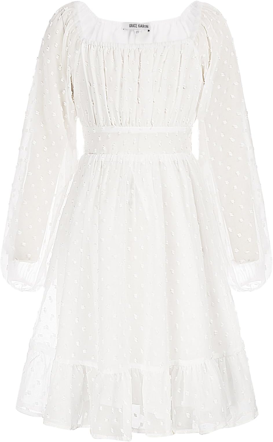 GRACE KARIN Girls Ruffle Tiered Dress Long Sleeve Swiss Dot Flowy A-Line Dress 6-12Y