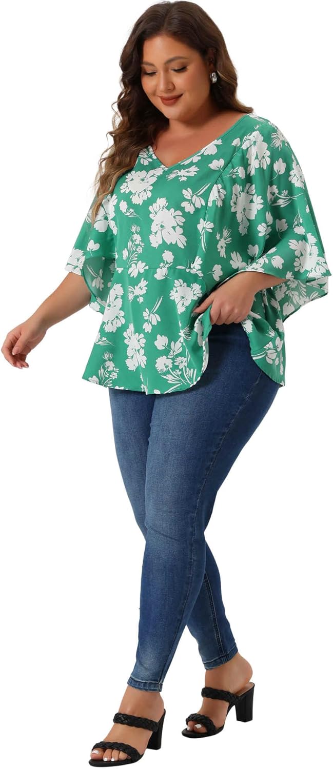 Agnes Orinda Plus Size Floral Tops for Women Summer Casual V Neck Flowy Sleeve Loose Chiffon Babydoll Blouses - Image 3