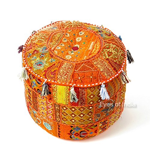 Eyes of India - 17 X 12 Orange Patchwork Round Pouf Pouffe Ottoman Cover Floor Seating Bohemian Accent Boho Chic Indian Handmade