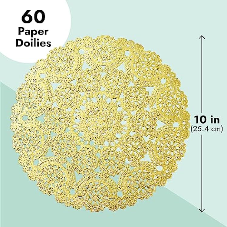 Juvale 60 Pack 10 Inch Gold Paper Doilies for Dining Table, Round Decorative Medallion Lace Placemats for Wedding