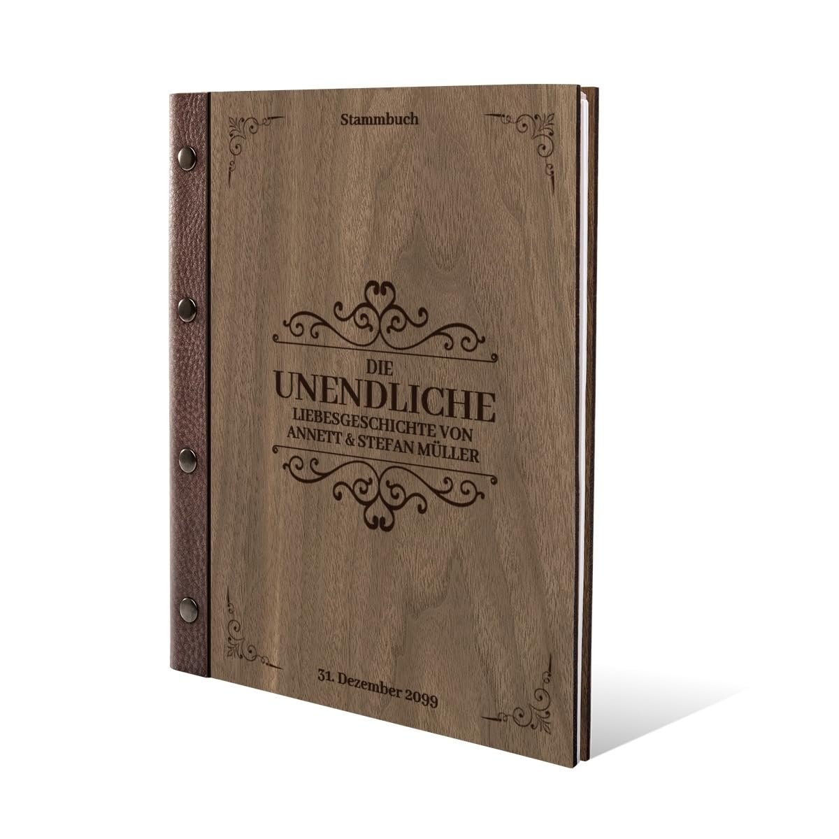 Personalisiertes Stammbuch Hochzeit aus echtem Holz mit Leder Rücken A5 oder A4 inkl. vorgedruckten Seiten - Liebesgeschichte