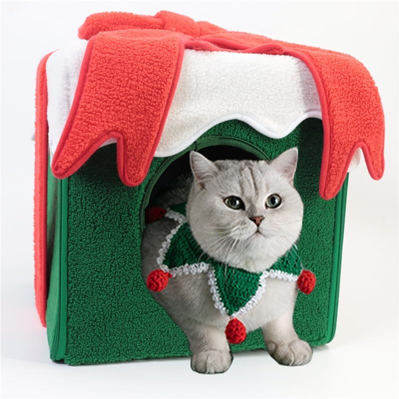 Christmas Cat Bed House, Large Space Square Fully Enclosed Warm Christmas Pet Cave, Box Shaped Xmas Cat Dog Cave Bed Nest Removable Cat Hideaways for Cat Dog Autumn Winter (Green)