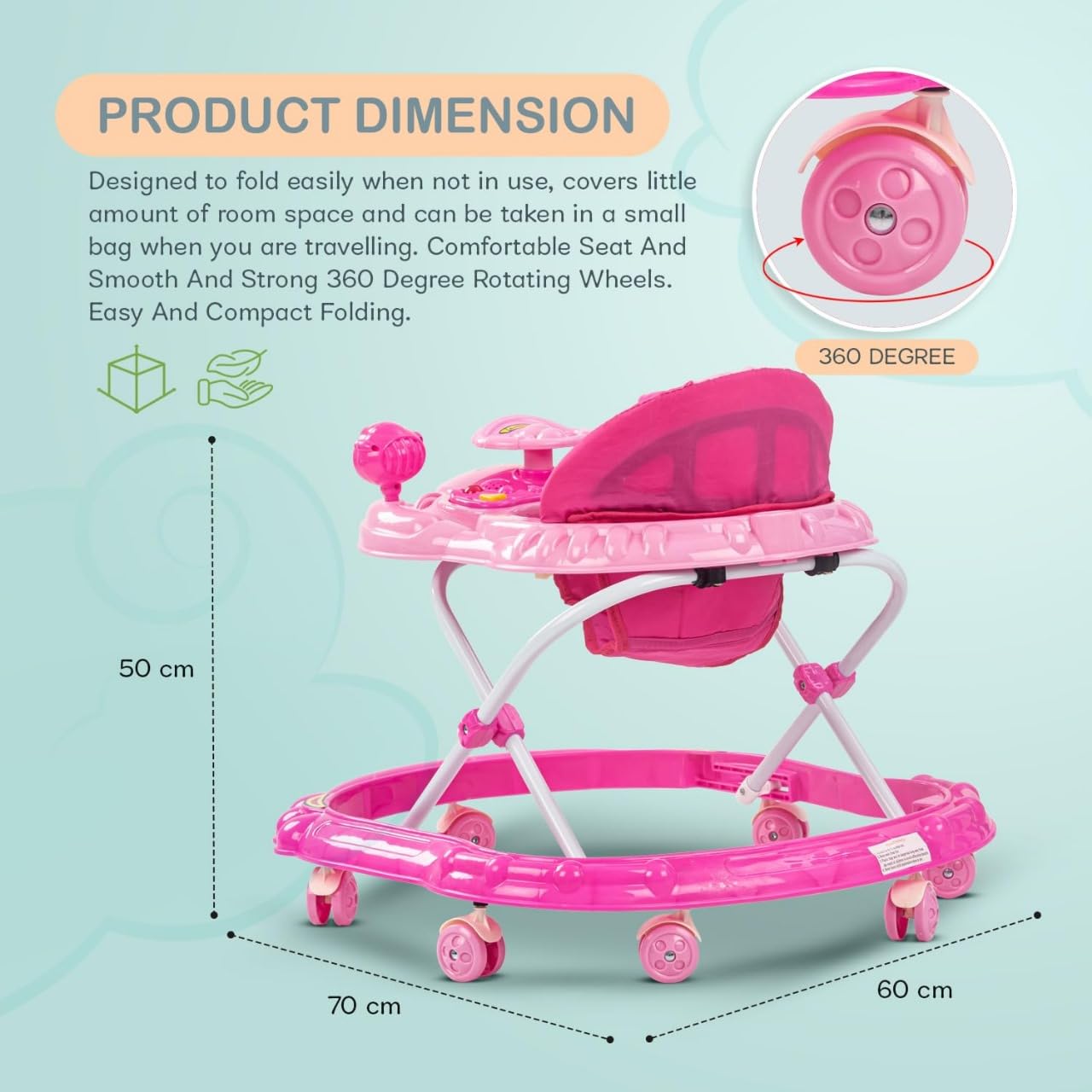 Baby Walker for Kids, Foldable Kids Walker with 3 Height Adjustable & Parental Push Handle | Walker for Baby with Music & Light, Activity Walker | Walker Baby 6-18 Months Boy Girl (Pink)-MLT-806